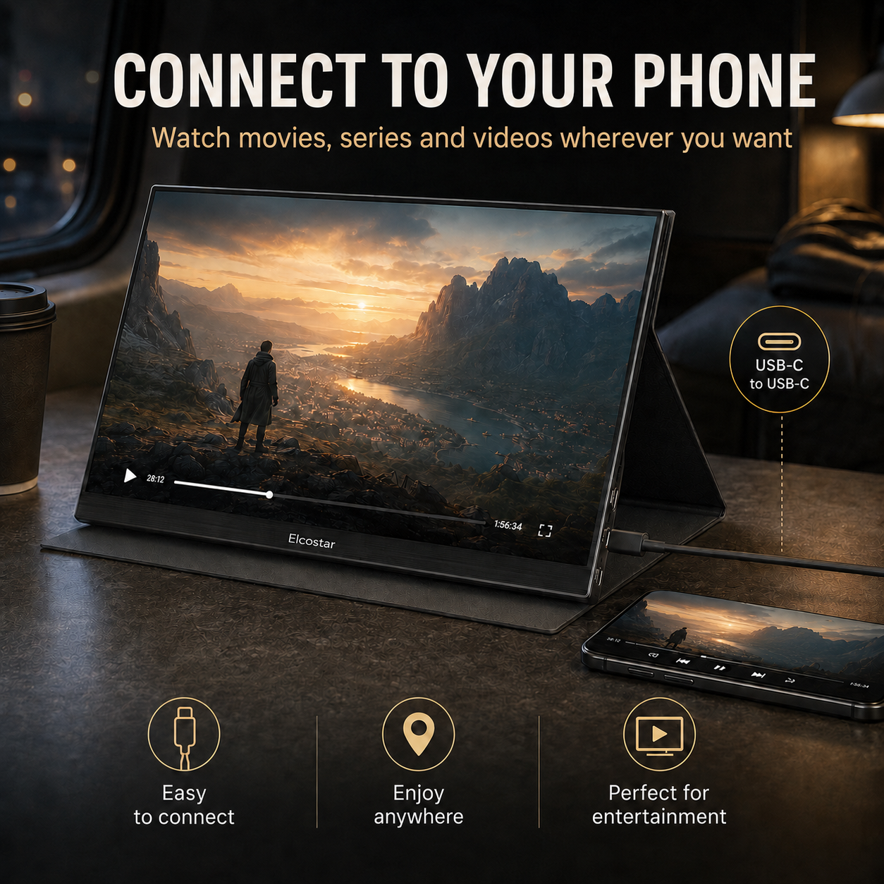 Monitor portátil conectado a un smartphone, mostrando un paisaje montañoso al atardecer.