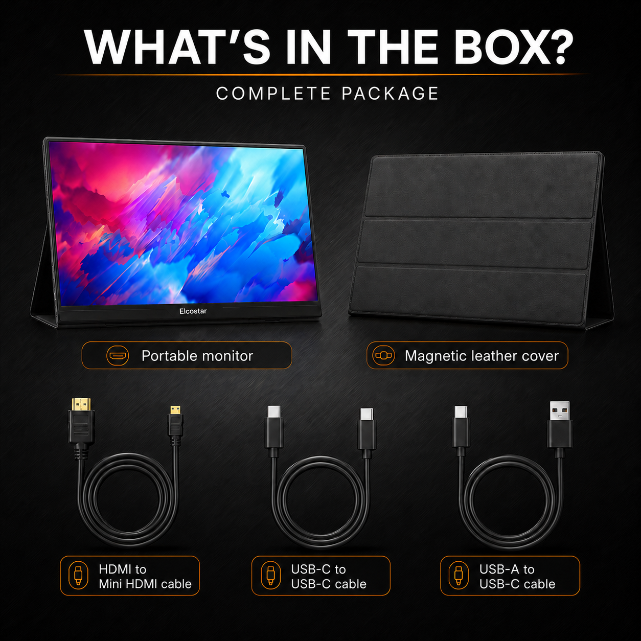 El contenido de la caja incluye un monitor portátil, una funda de cuero magnética y tres cables diferentes.