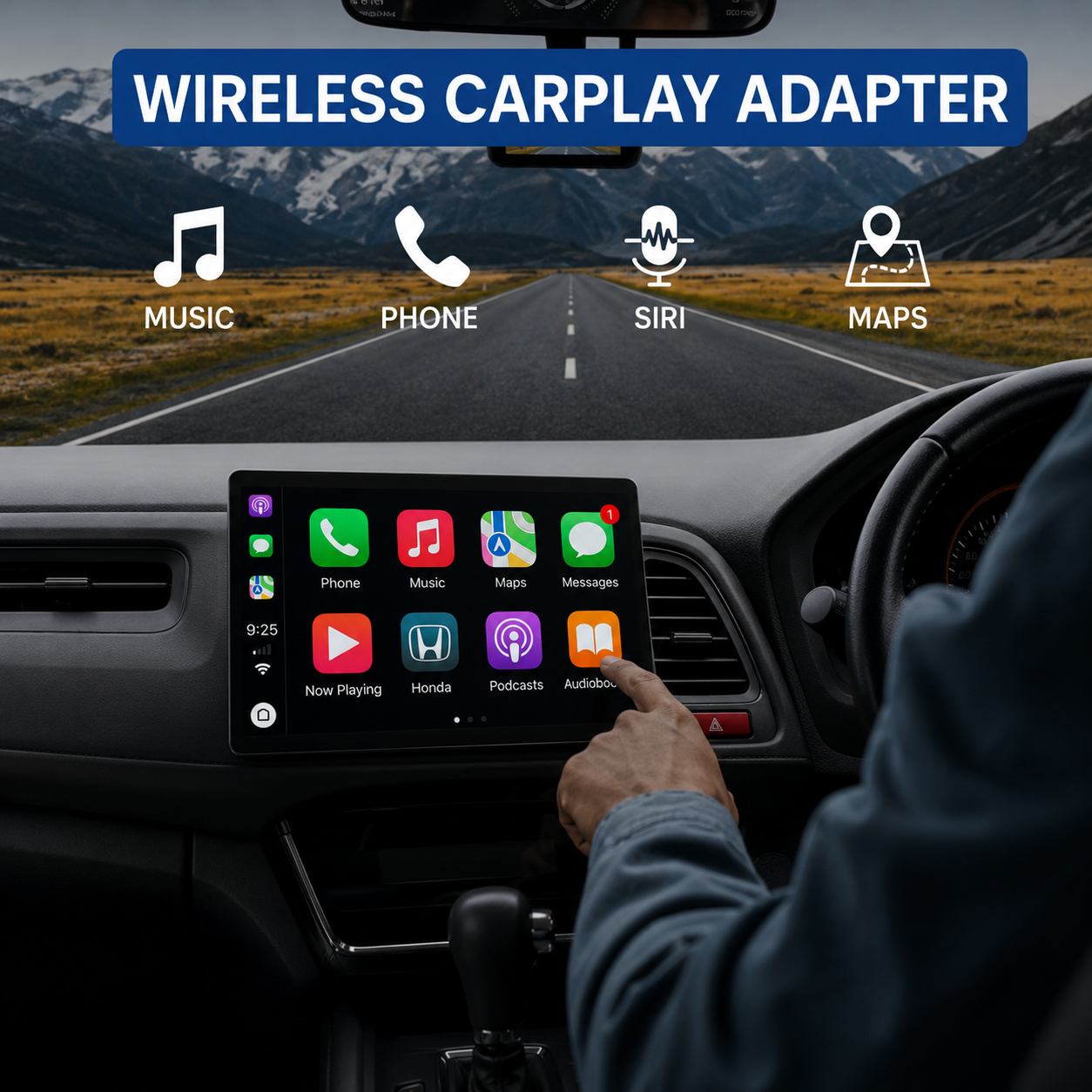 Un conductor usa la pantalla táctil de un auto con iconos de apps y fondo de carretera.