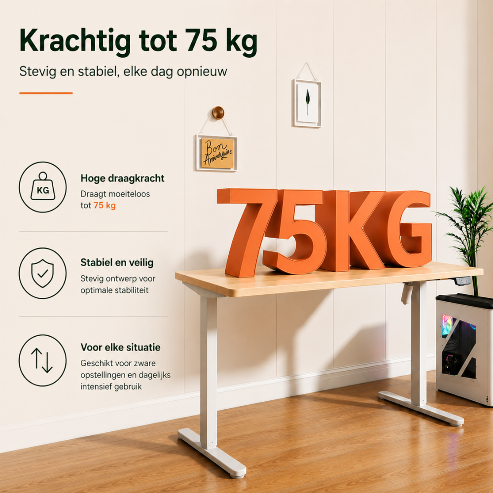 An adjustable standing desk with large orange 75KG letters on top and three icons on the left side.