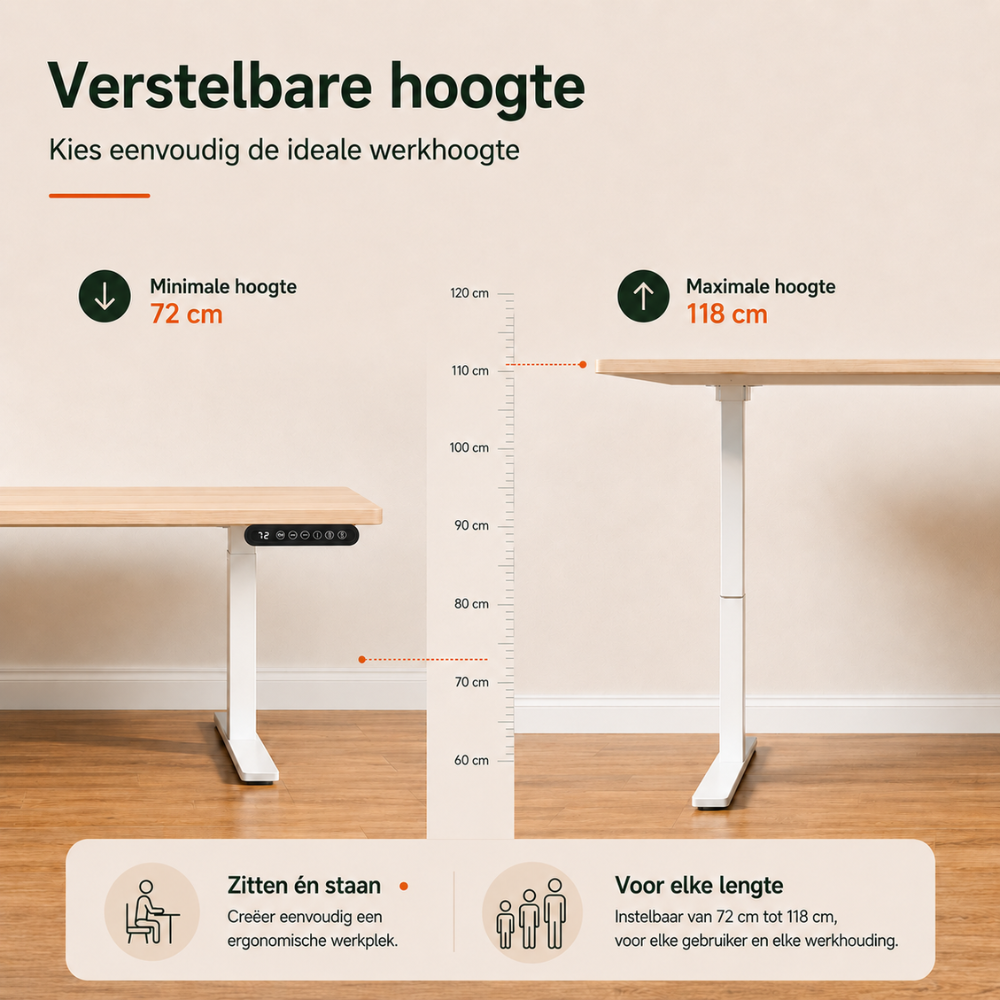 An adjustable standing desk showing a height range from 72 cm to 118 cm with Dutch text.