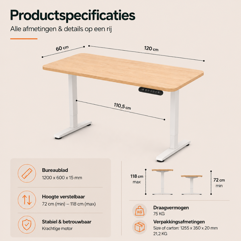 Product specifications of an adjustable standing desk with dimensions 120x60 cm and height from 72 to 118 cm.