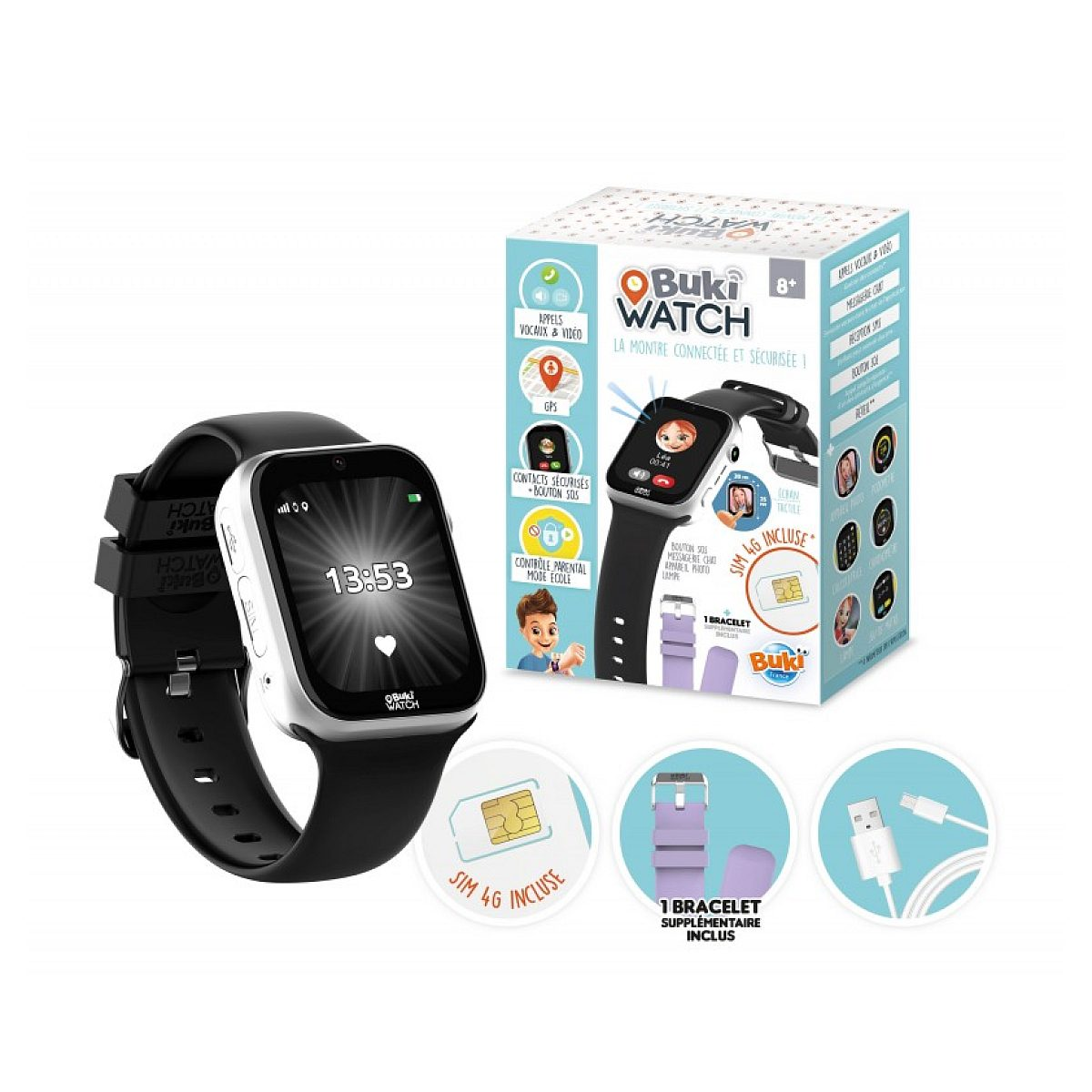 Buki Watch Smartwatch mit schwarzem Armband, Verpackung, SIM-Karte, lila Ersatzarmband und USB-Kabel.
