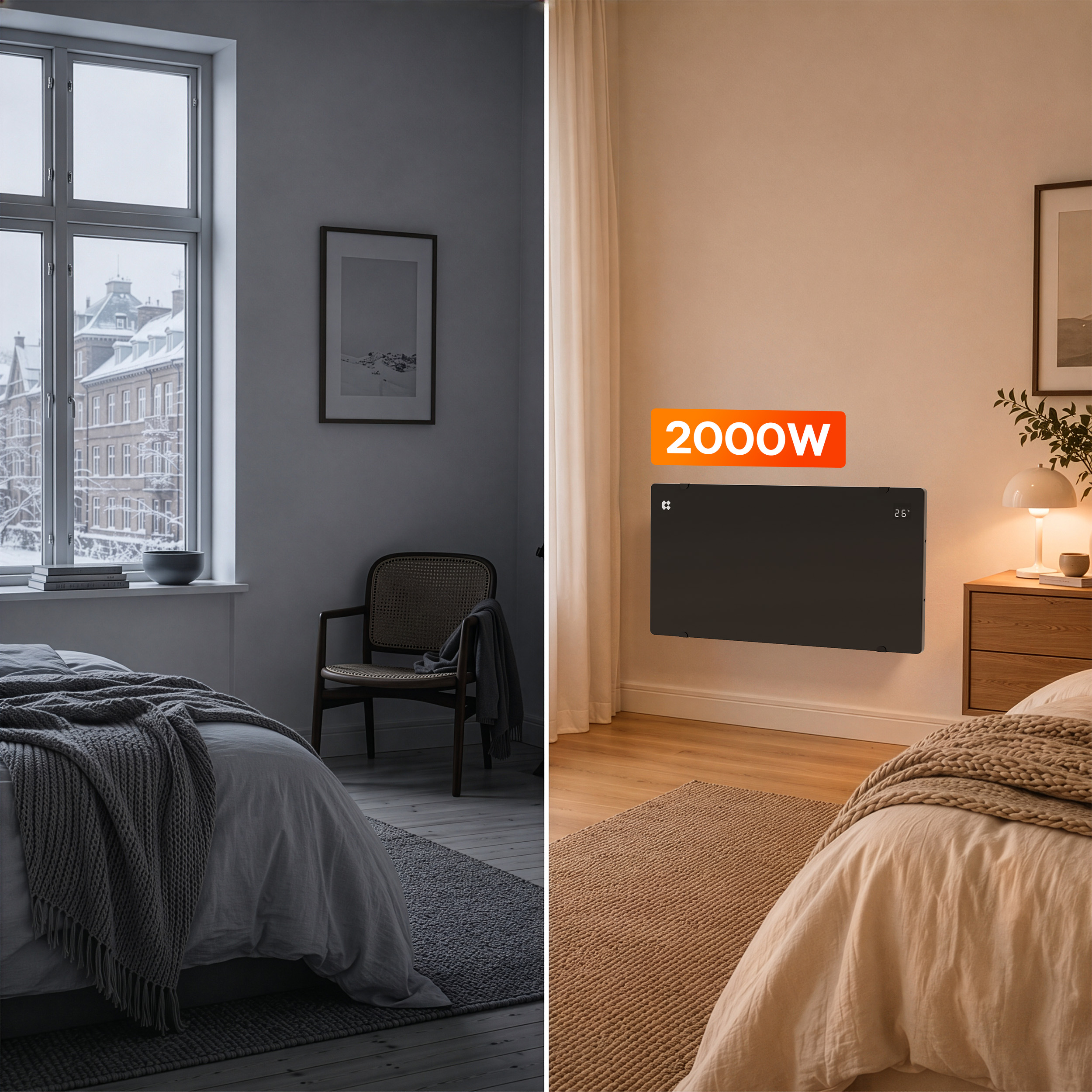 Geteilter Raum: links kalt und grau mit verschneitem Fenster, rechts warm und gemütlich mit Wandheizung.