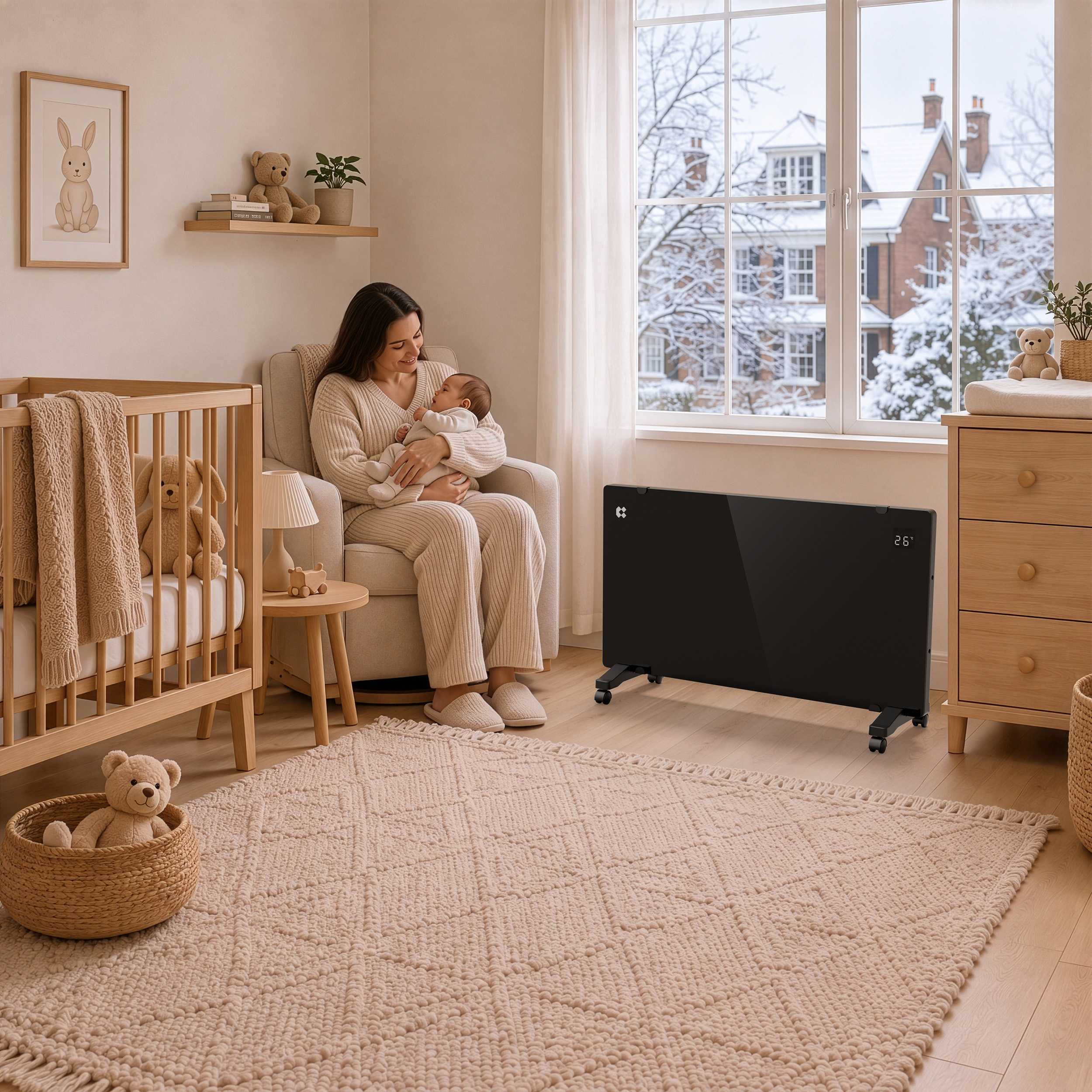 Eine Mutter sitzt mit ihrem Baby in einem Sessel in einem hellen Kinderzimmer mit einem schwarzen Heizgerät.