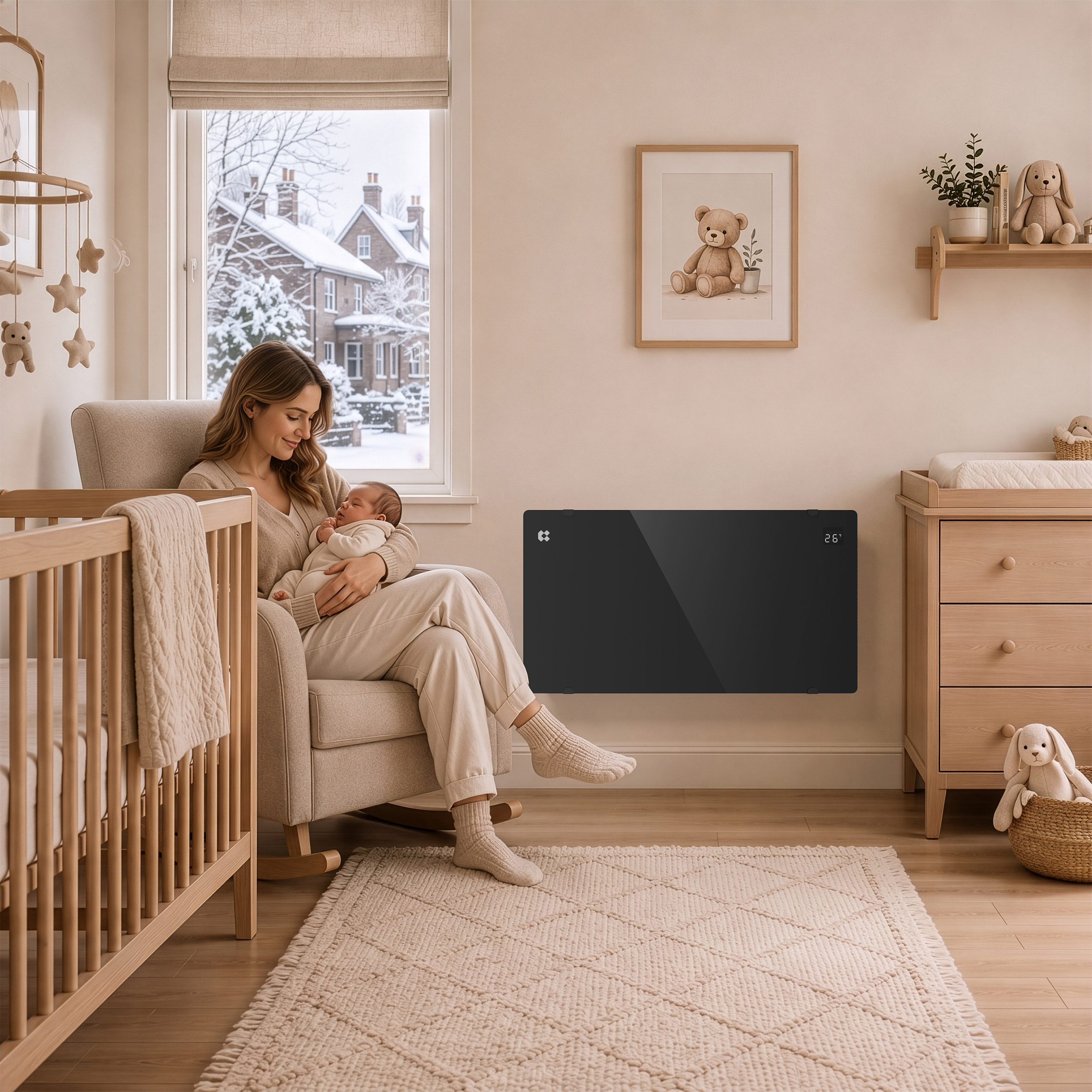 Eine Mutter hält ihr Baby in einem Kinderzimmer mit einer schwarzen Heizung an der Wand, neben einem schneebedeckten Fenster.