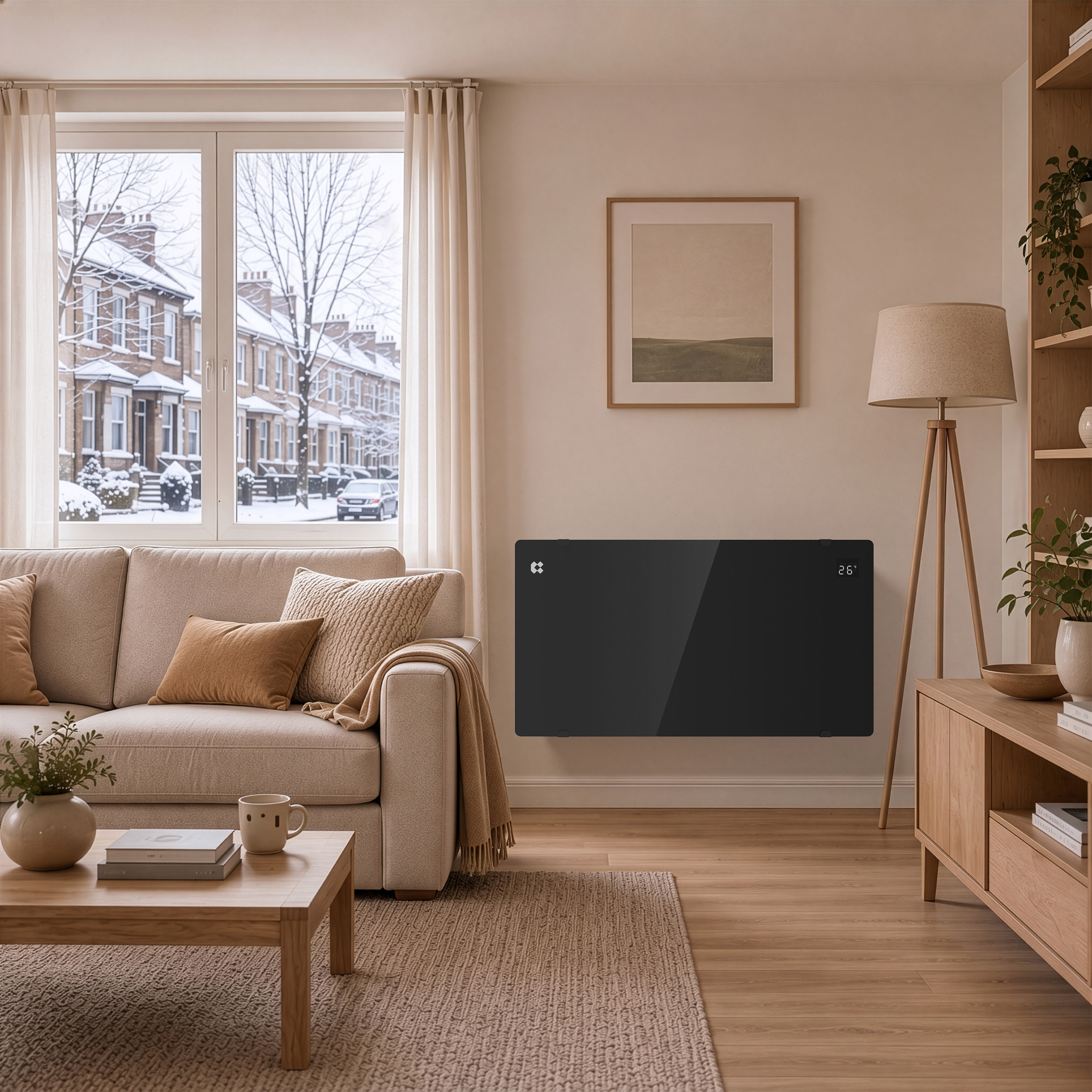 Gemütliches Wohnzimmer mit schwarzem Heizkörper an der Wand, Sofa, Holztisch und verschneitem Straßenblick draußen.