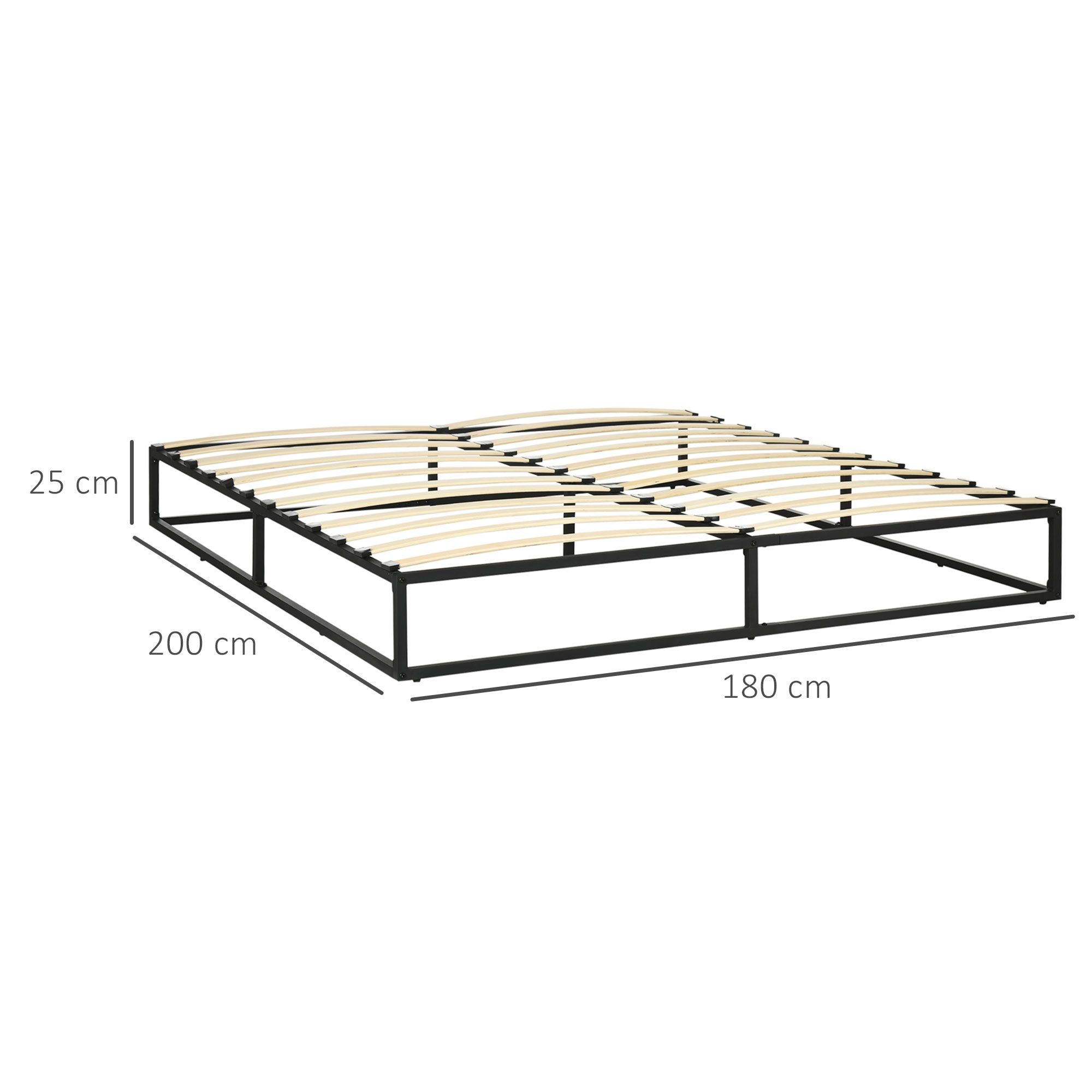 Un somier de metal negro con laminas de madera, de 180 cm de ancho, 200 cm de largo y 25 cm de alto sobre fondo blanco.