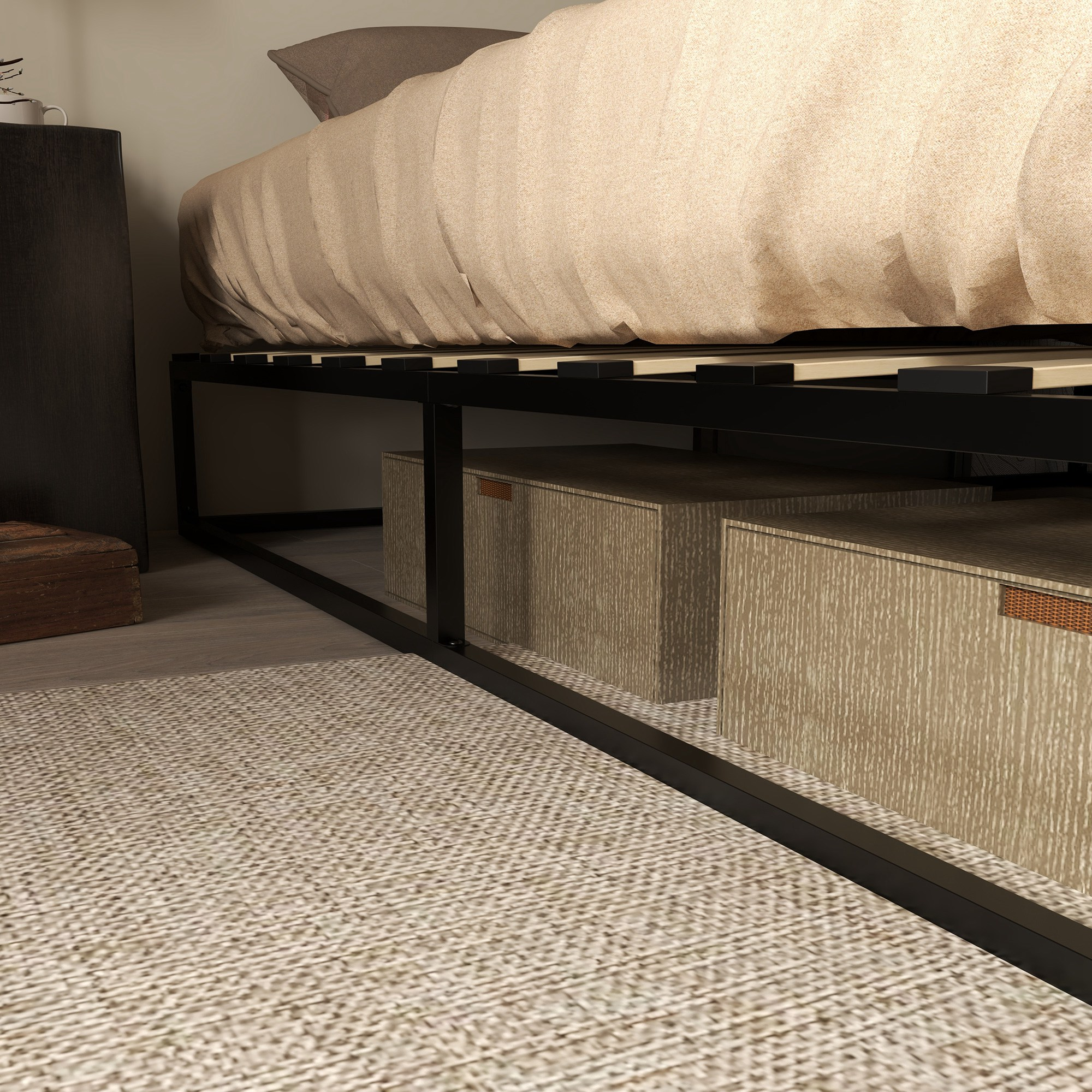 Cajas de almacenamiento de madera guardadas bajo una cama con marco de metal negro.