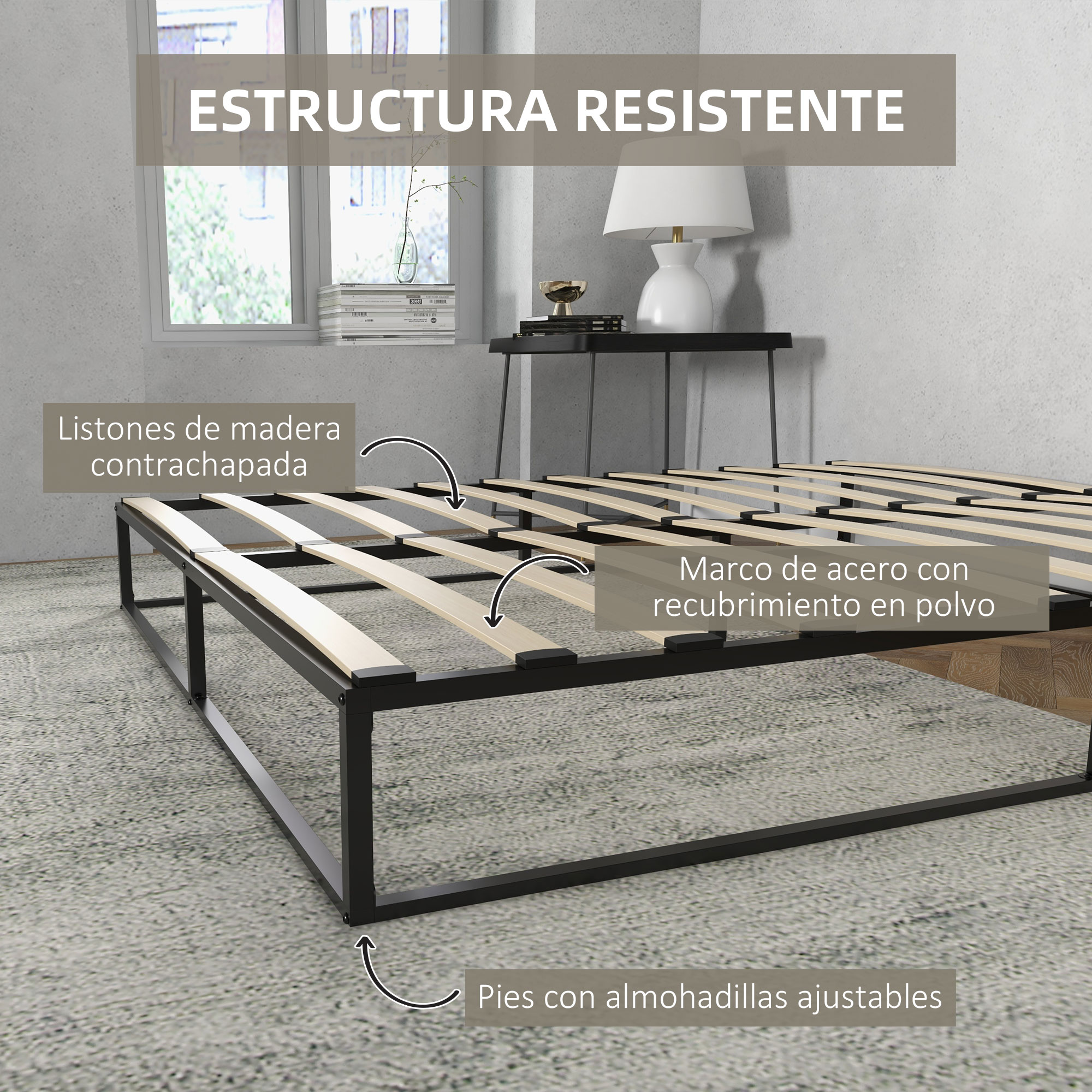 Estructura de cama de metal con listones de madera y pies ajustables.