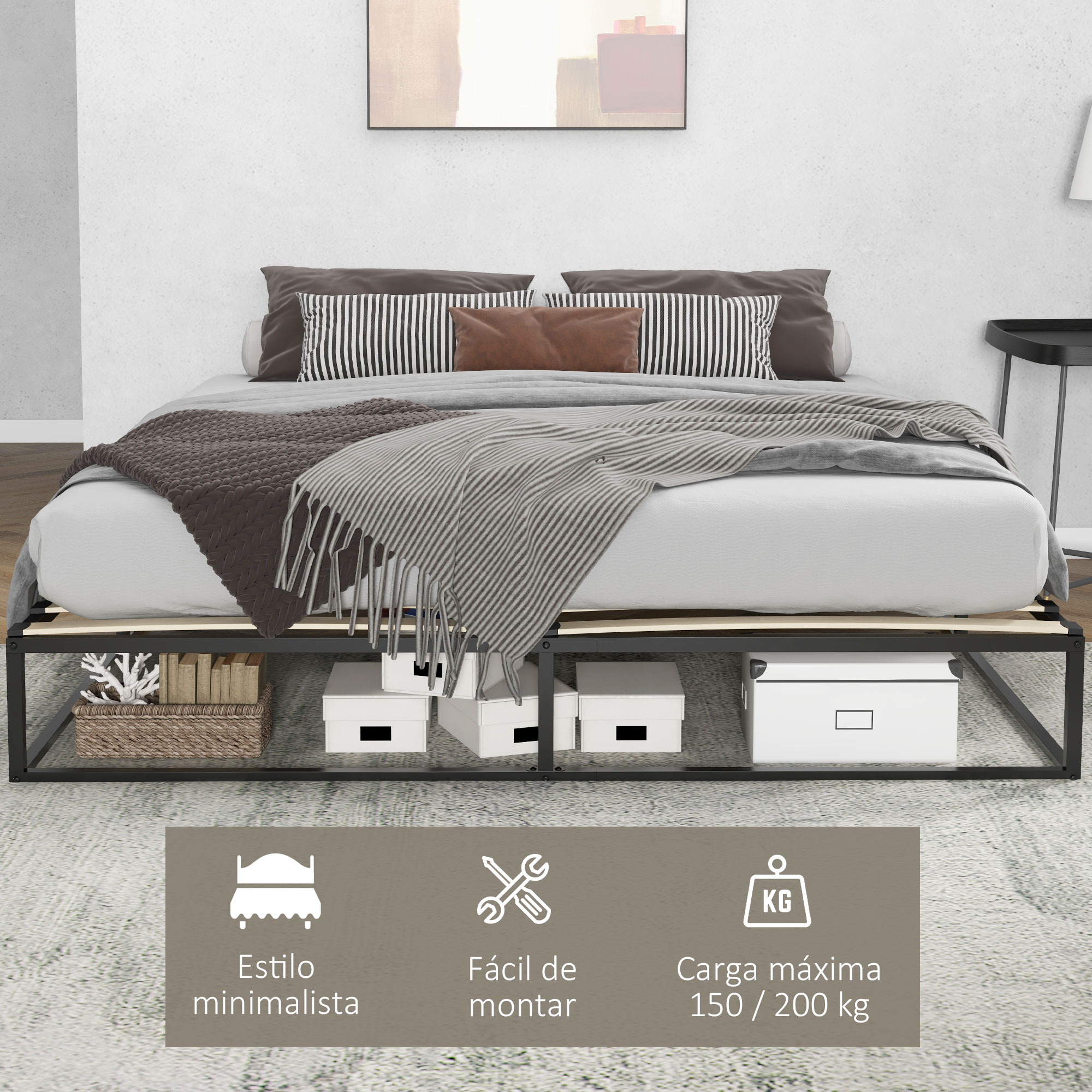 Cama minimalista con marco de metal y almacenamiento debajo. Iconos abajo muestran estilo, montaje y peso.