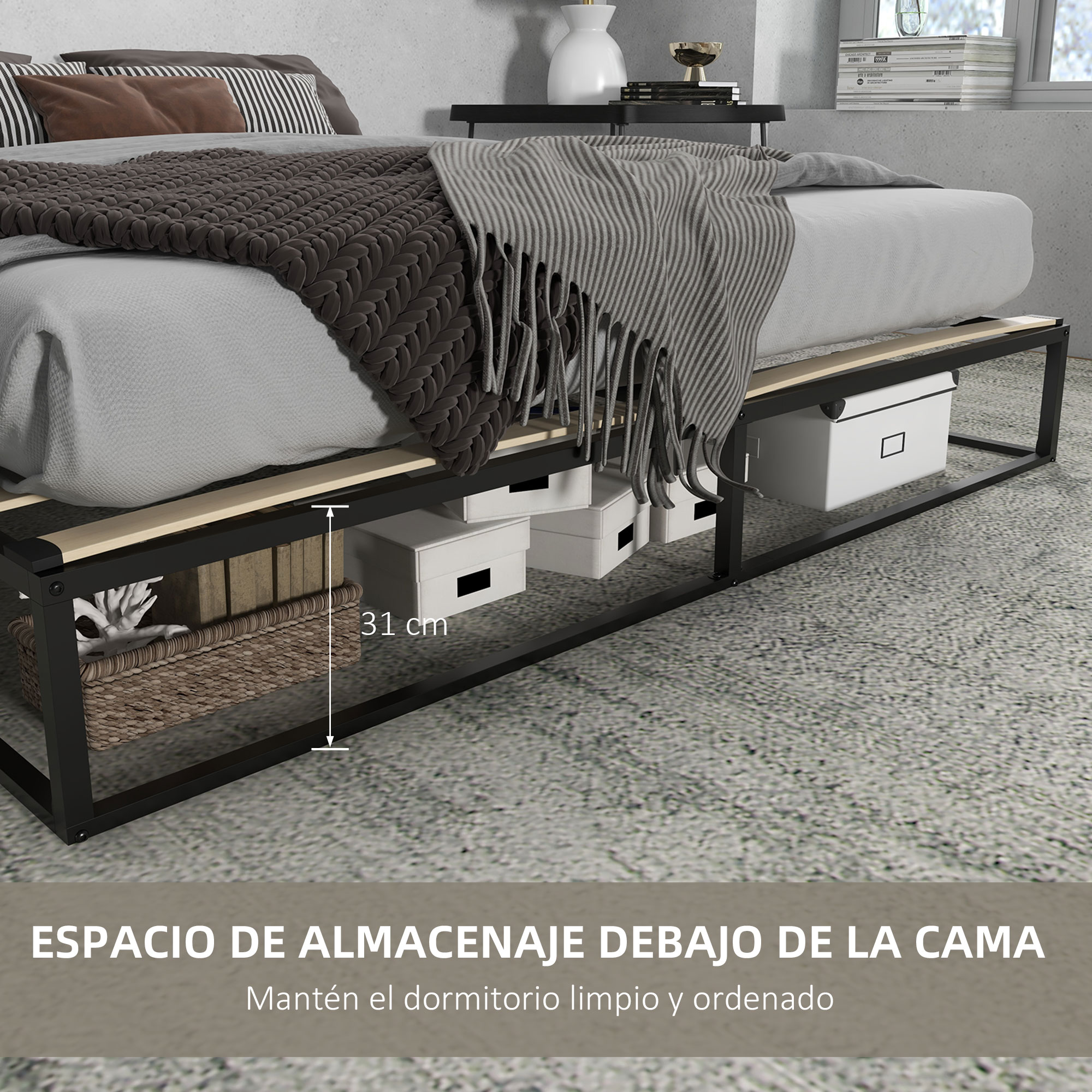 Una cama con estructura de metal negro y 31 cm de espacio de almacenamiento debajo con cajas y cestas blancas.