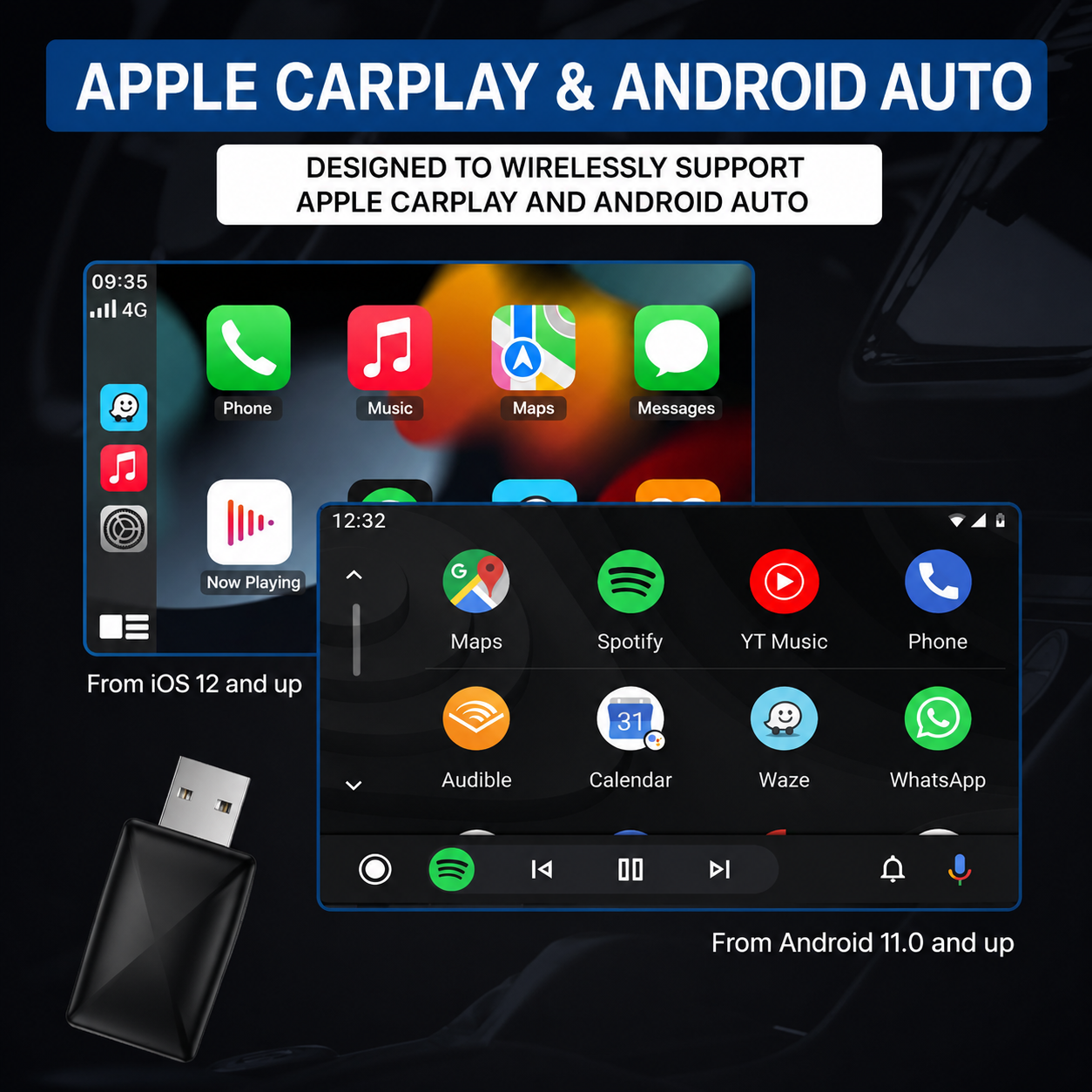Un anuncio que muestra las interfaces de Apple CarPlay y Android Auto con un adaptador USB inalámbrico.