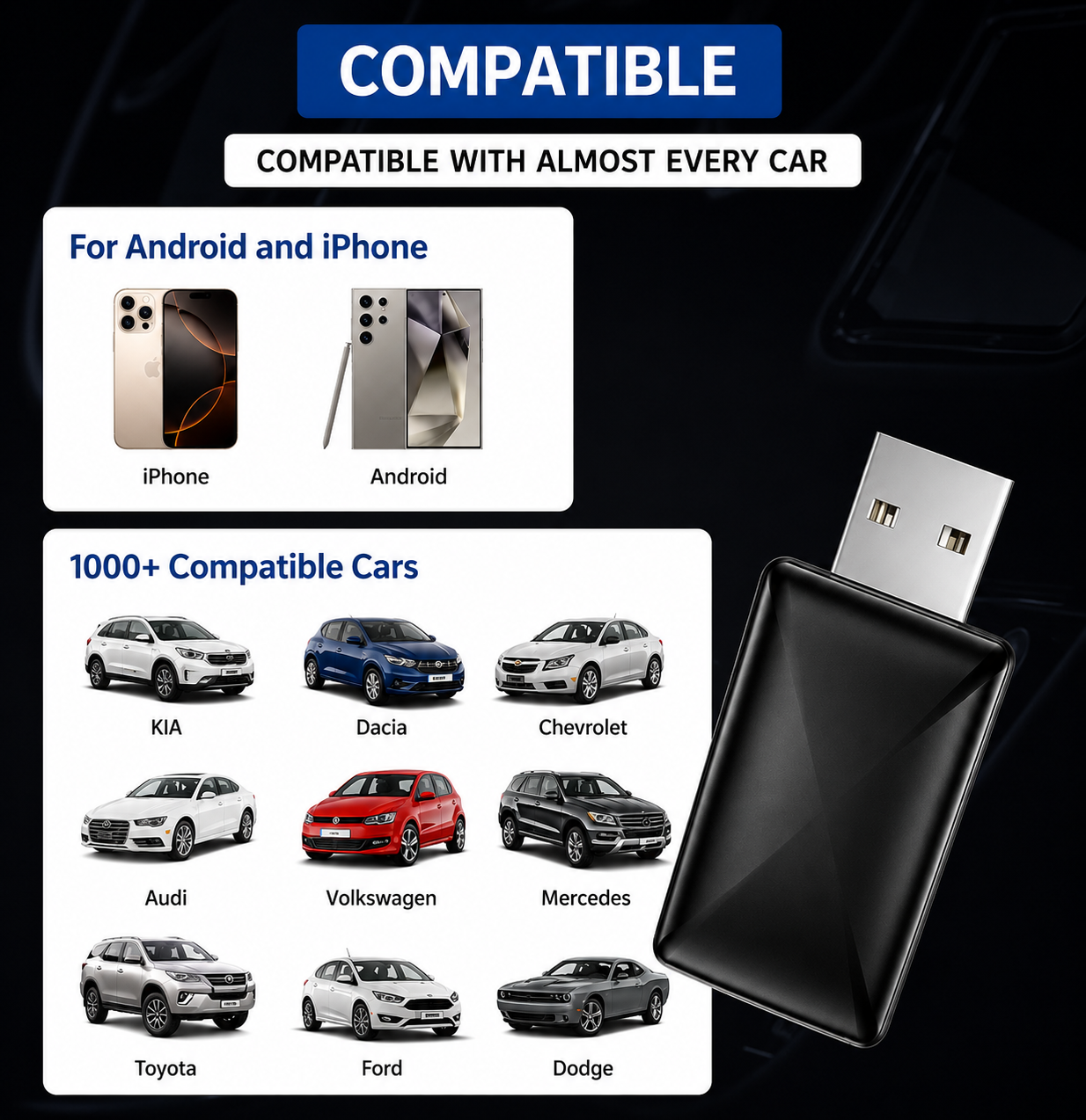 Adaptador USB negro compatible con iPhone, Android y varios autos.