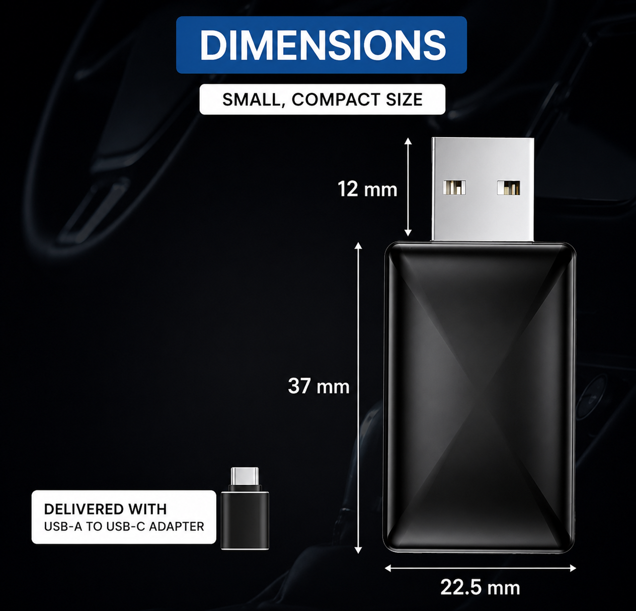 Adaptador USB negro compacto con dimensiones: cuerpo de 37 mm, conector USB de 12 mm y 22,5 mm de ancho.