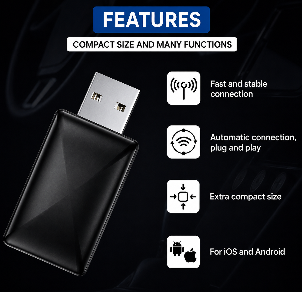 Un adaptador USB inalámbrico negro con iconos de conexión rápida, plug and play, tamaño compacto y soporte para SO.