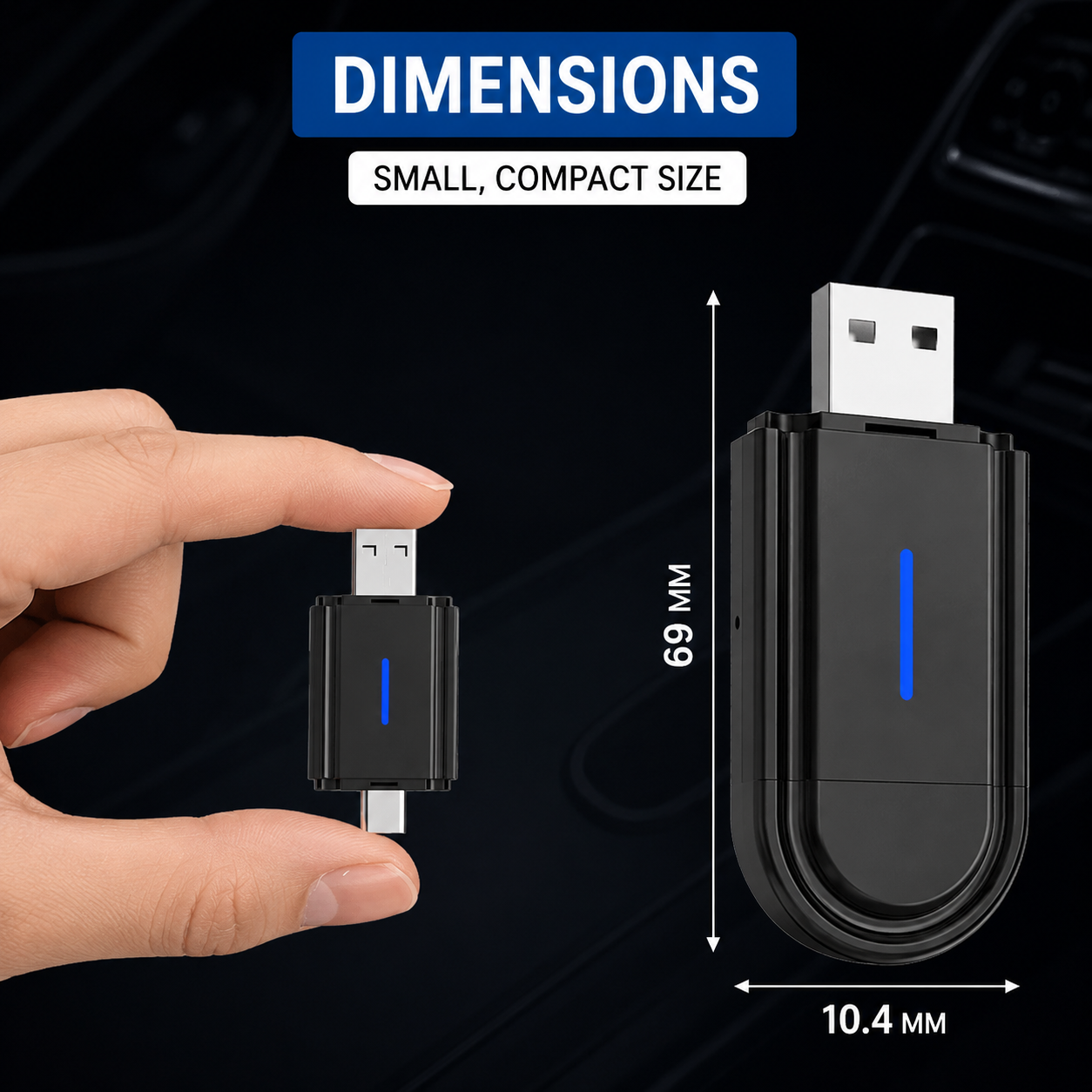 Un pequeño dispositivo USB negro mostrado con dimensiones: 69 mm de alto y 10,4 mm de ancho, sostenido por una mano.