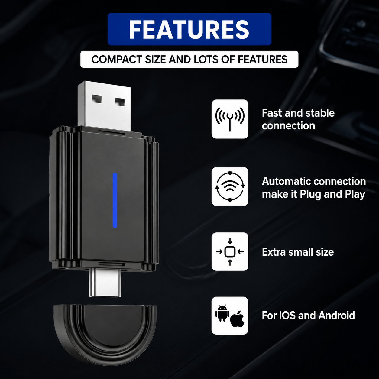 Adaptador de coche inalámbrico negro compacto con conectores USB y Type-C, destacando estabilidad y conexión rápida.