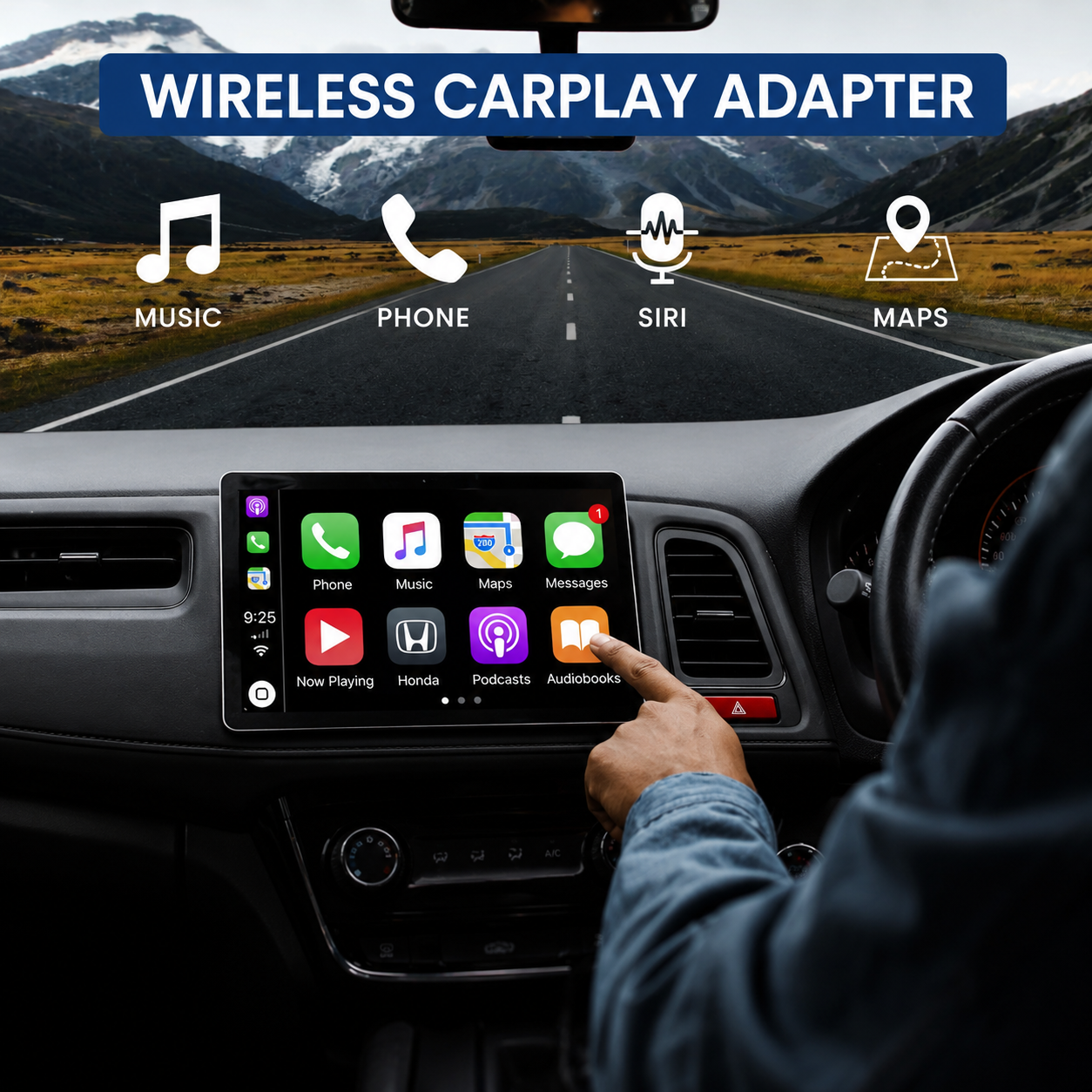 Un conductor toca la pantalla de carplay con vista a una carretera de montaña.