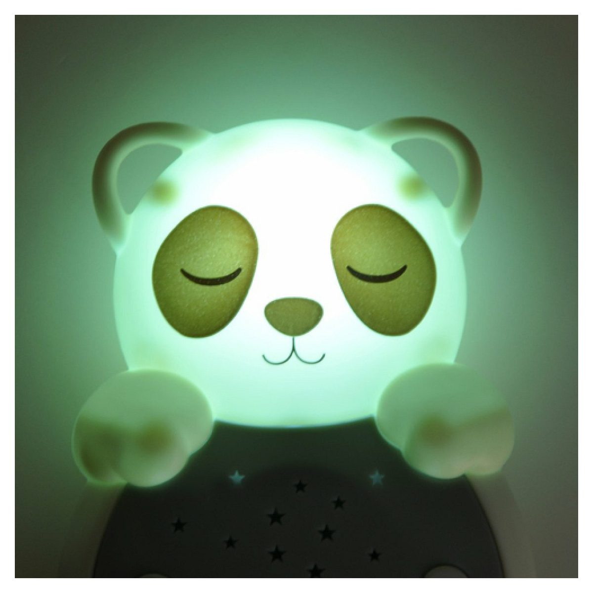 Eine grüne, leuchtende Pandabär-Nachtlampe mit geschlossenen Augen und kleinen Pfoten.