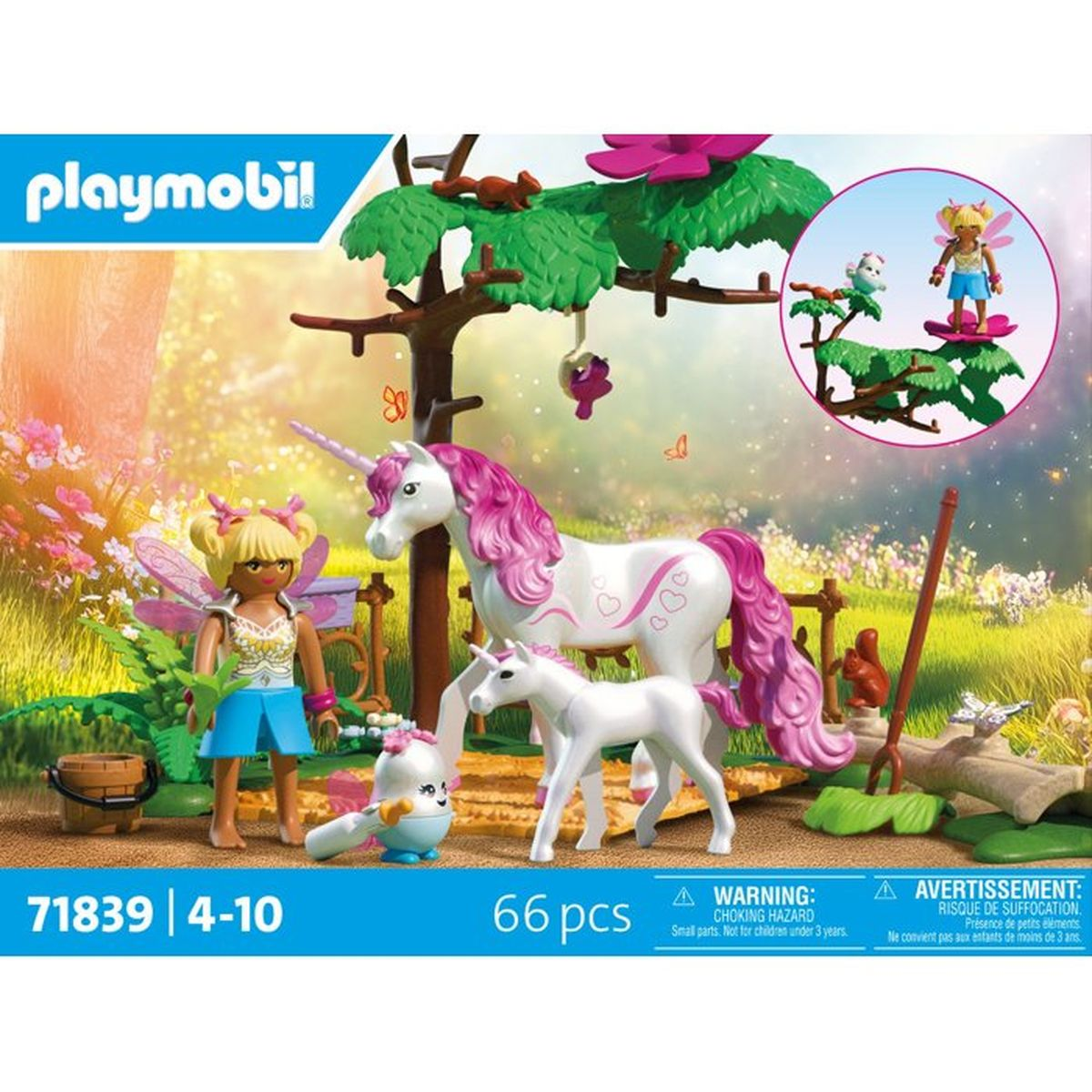 Playmobil-Set mit einer Fee, zwei Einhörnern und Waldtieren vor einer grünen Naturkulisse.