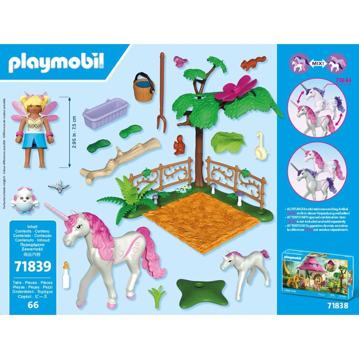 Playmobil-Set 71839 mit einer Fee, zwei Einhörnern, einem Baum, Zaun und Zubehör.