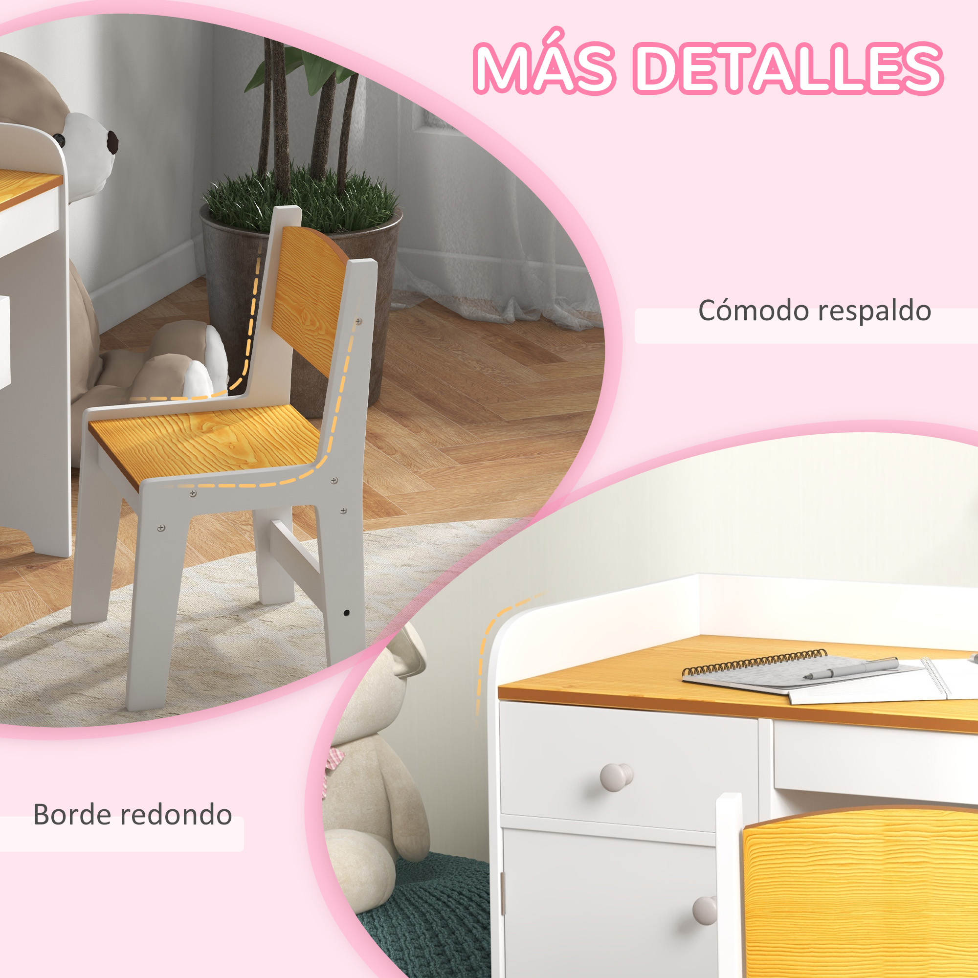 Silla y escritorio infantil blancos y marrones con bordes redondos y respaldo cómodo.
