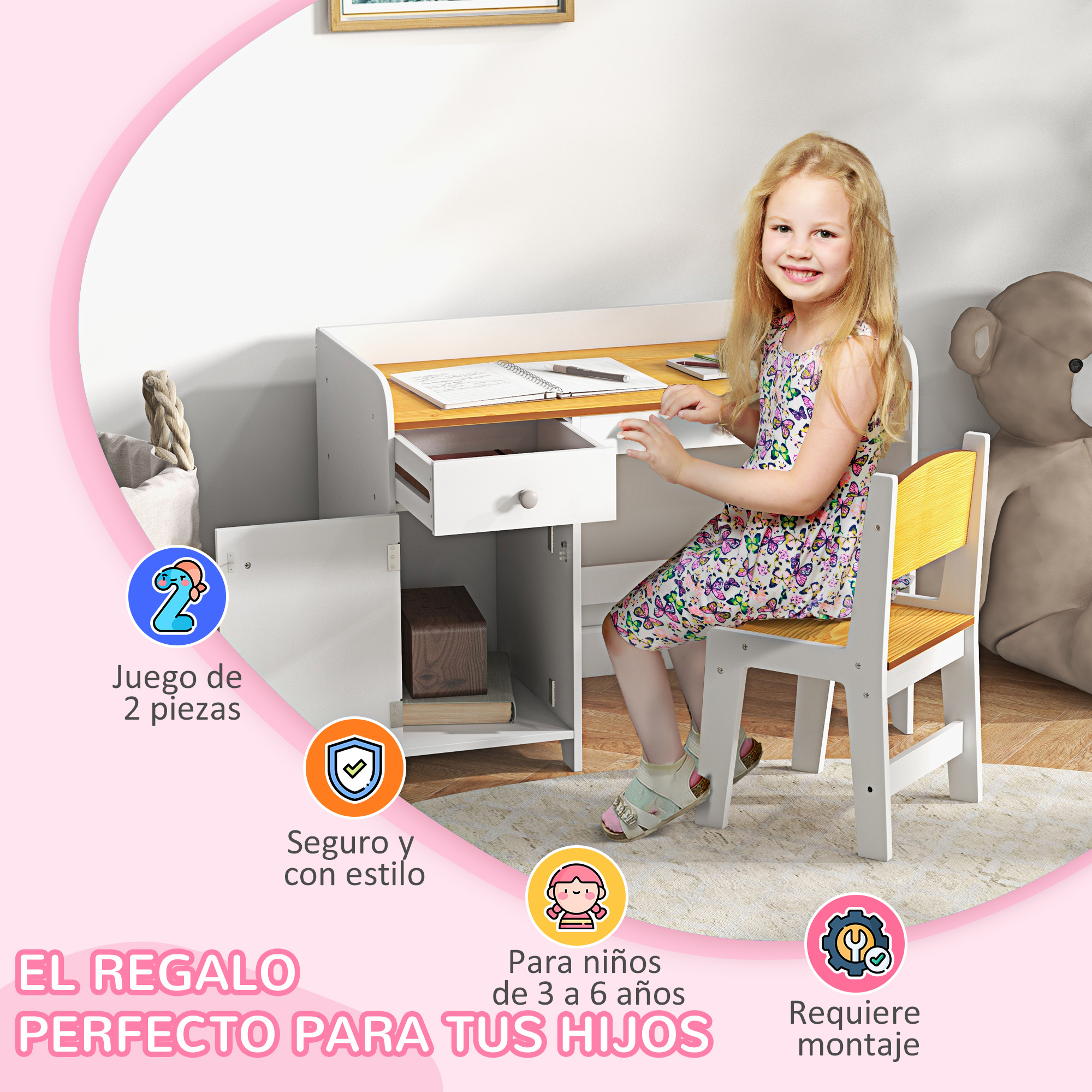 Una niña rubia está sentada en un escritorio infantil blanco con silla, dibujando en una habitación.