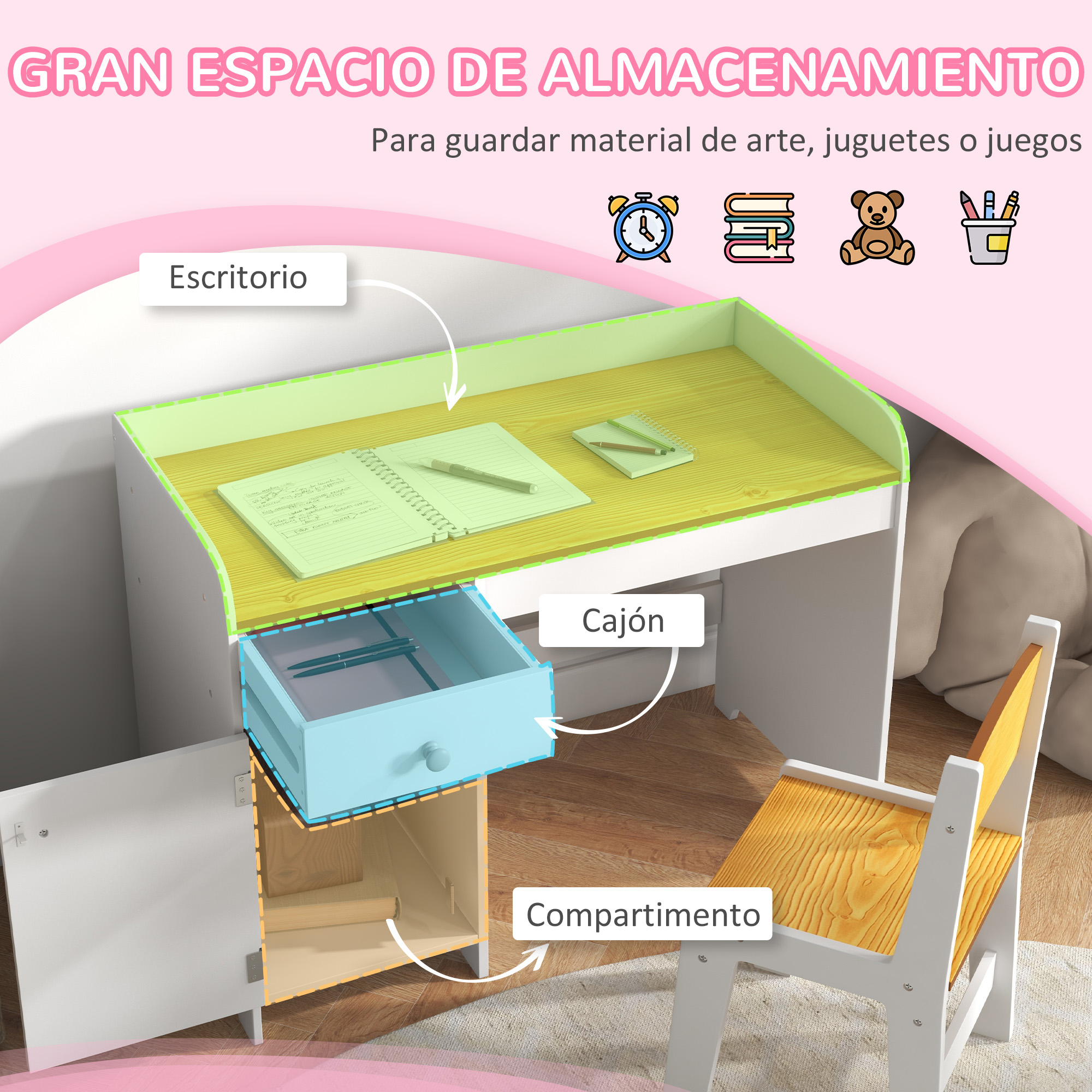 Escritorio infantil de madera con compartimento abierto, cajón azul y silla a juego.