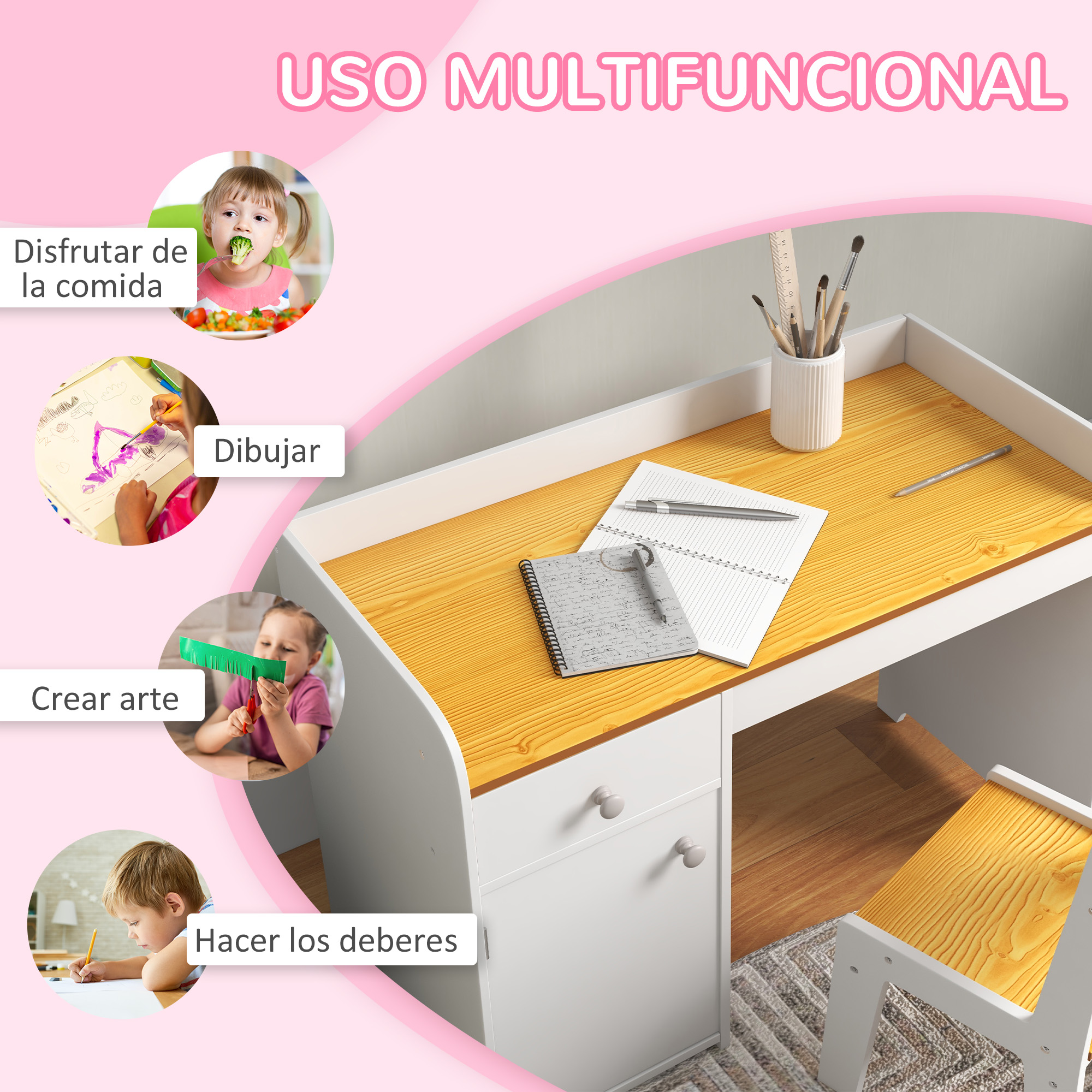 Escritorio infantil multifuncional con tapa de madera, silla, portalápices y círculos con actividades.