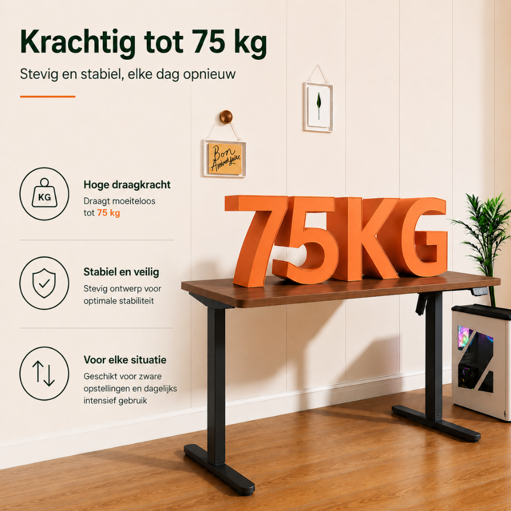 An adjustable desk with a wooden top, black legs, and large orange 75KG letters placed on it.