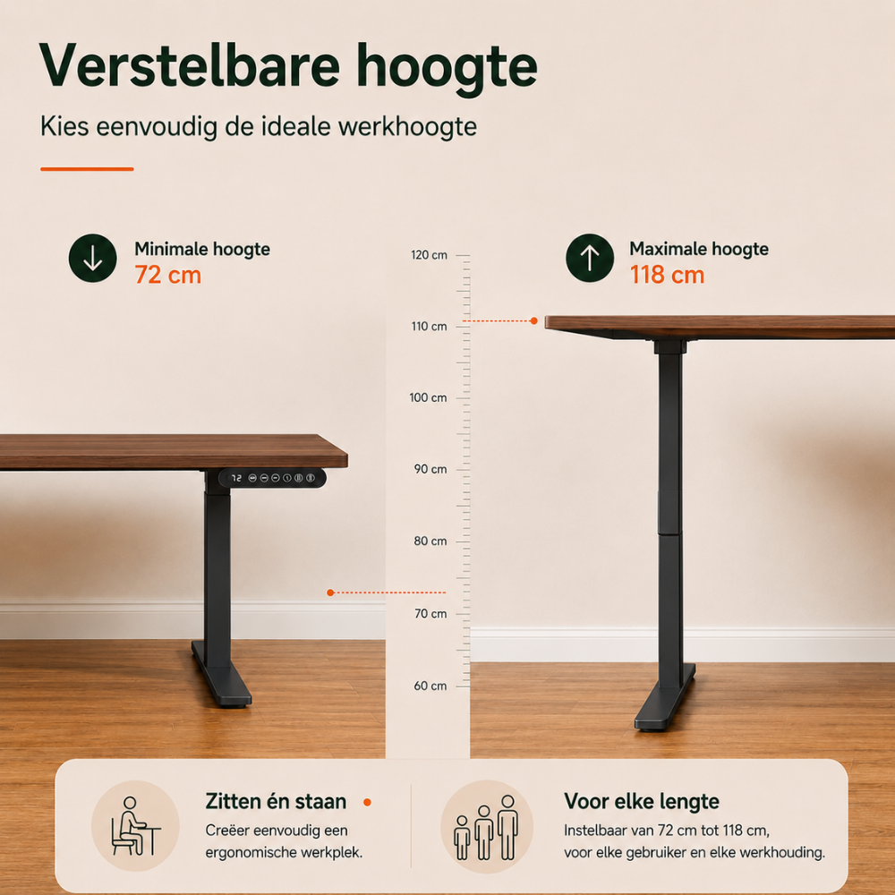 Height-adjustable desk with min 72 cm and max 118 cm height against a beige background.
