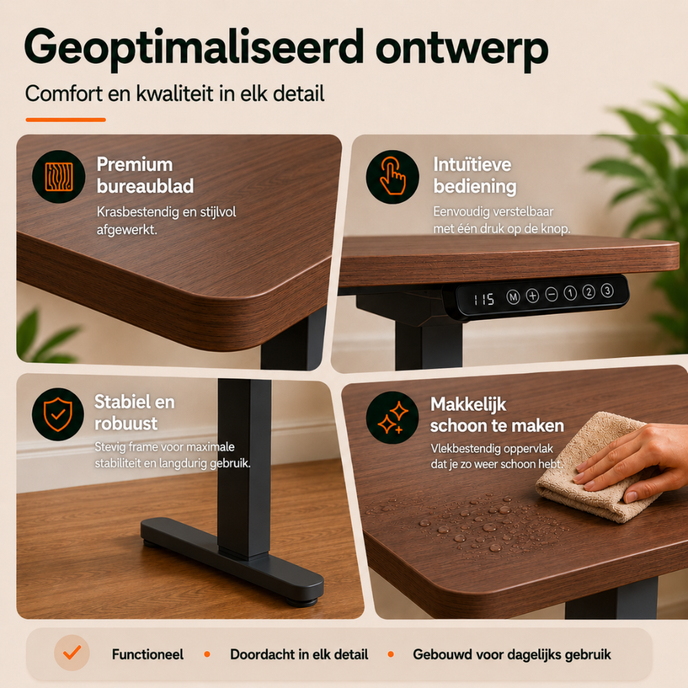 An infographic showing features of an adjustable wooden desk with control panel and stable frame.