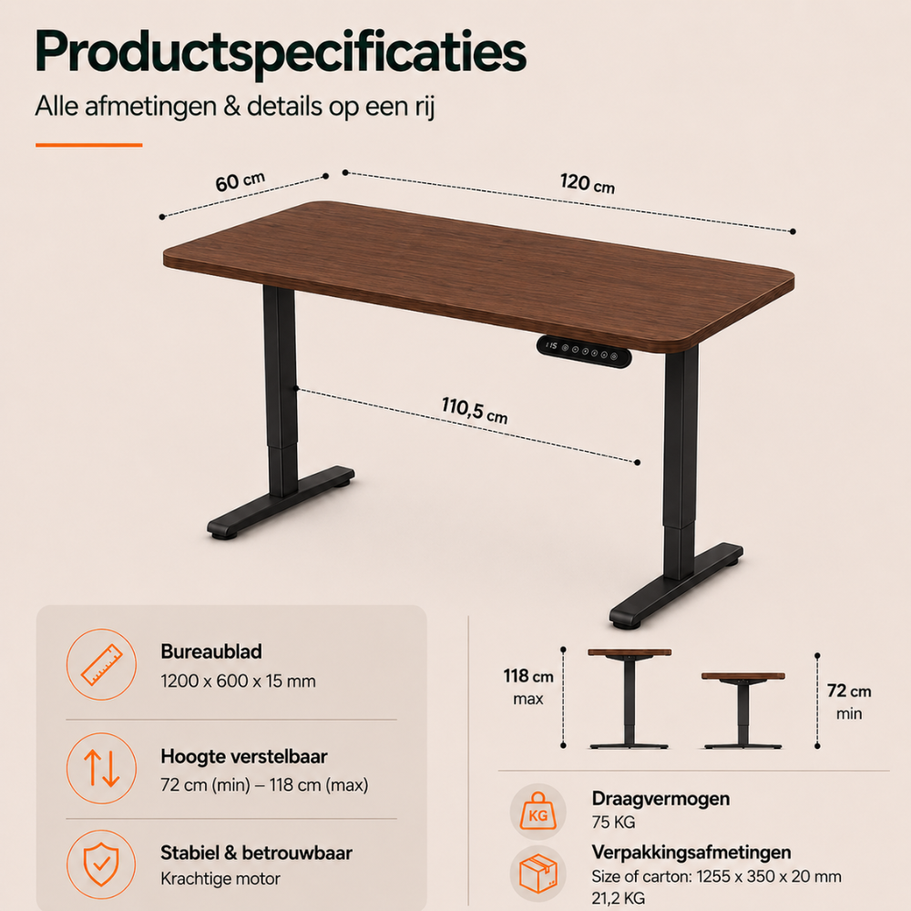 Product specifications showing dimensions of an adjustable standing desk with a brown top and black frame.