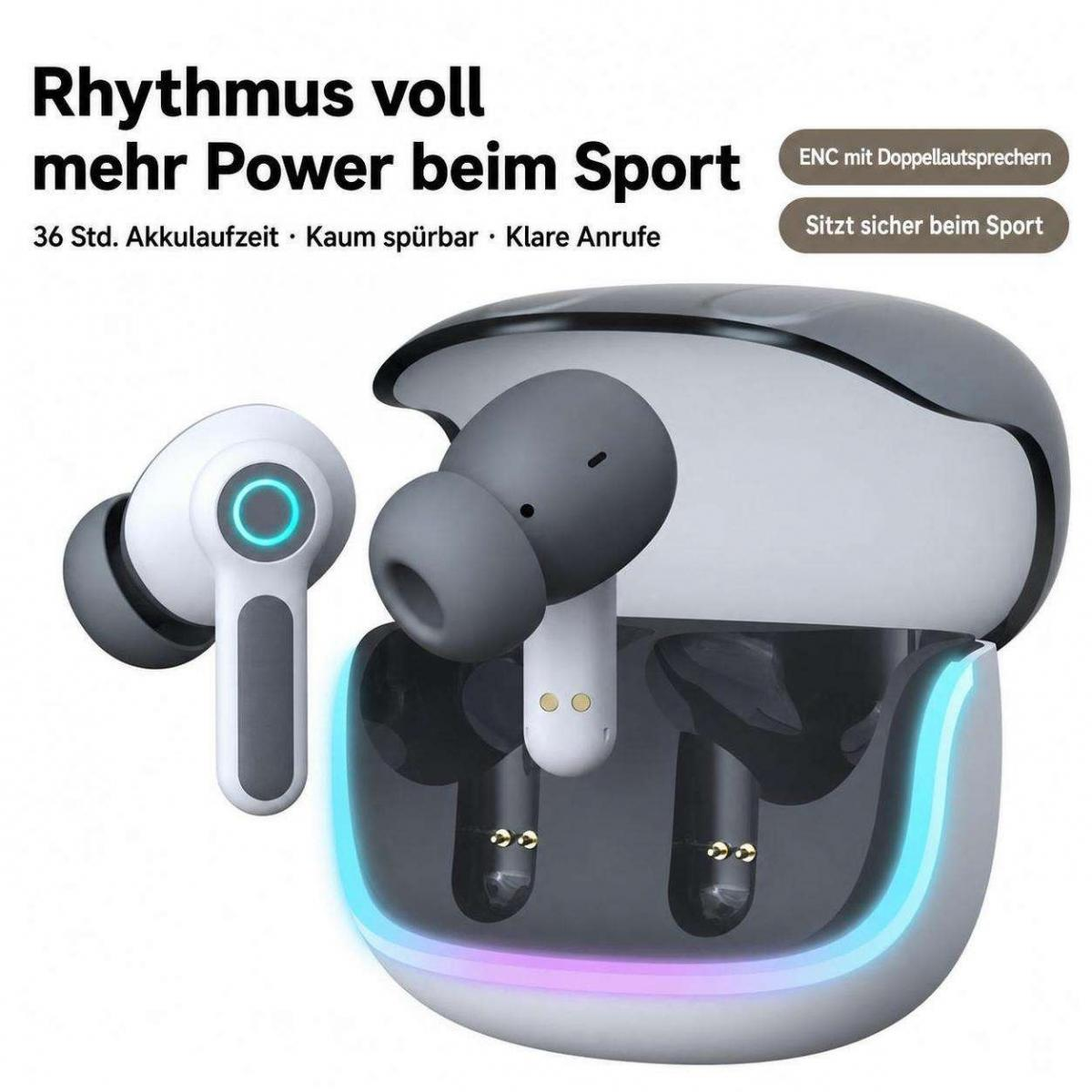 Weiße und graue Sport-Ohrhörer mit Ladecase und deutscher Werbebeschriftung.