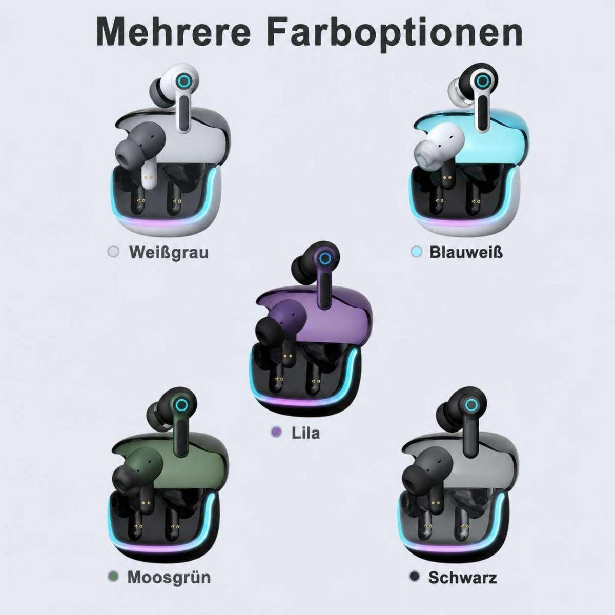 Fünf verschiedene Farboptionen für kabellose In-Ear-Kopfhörer mit Ladecase.