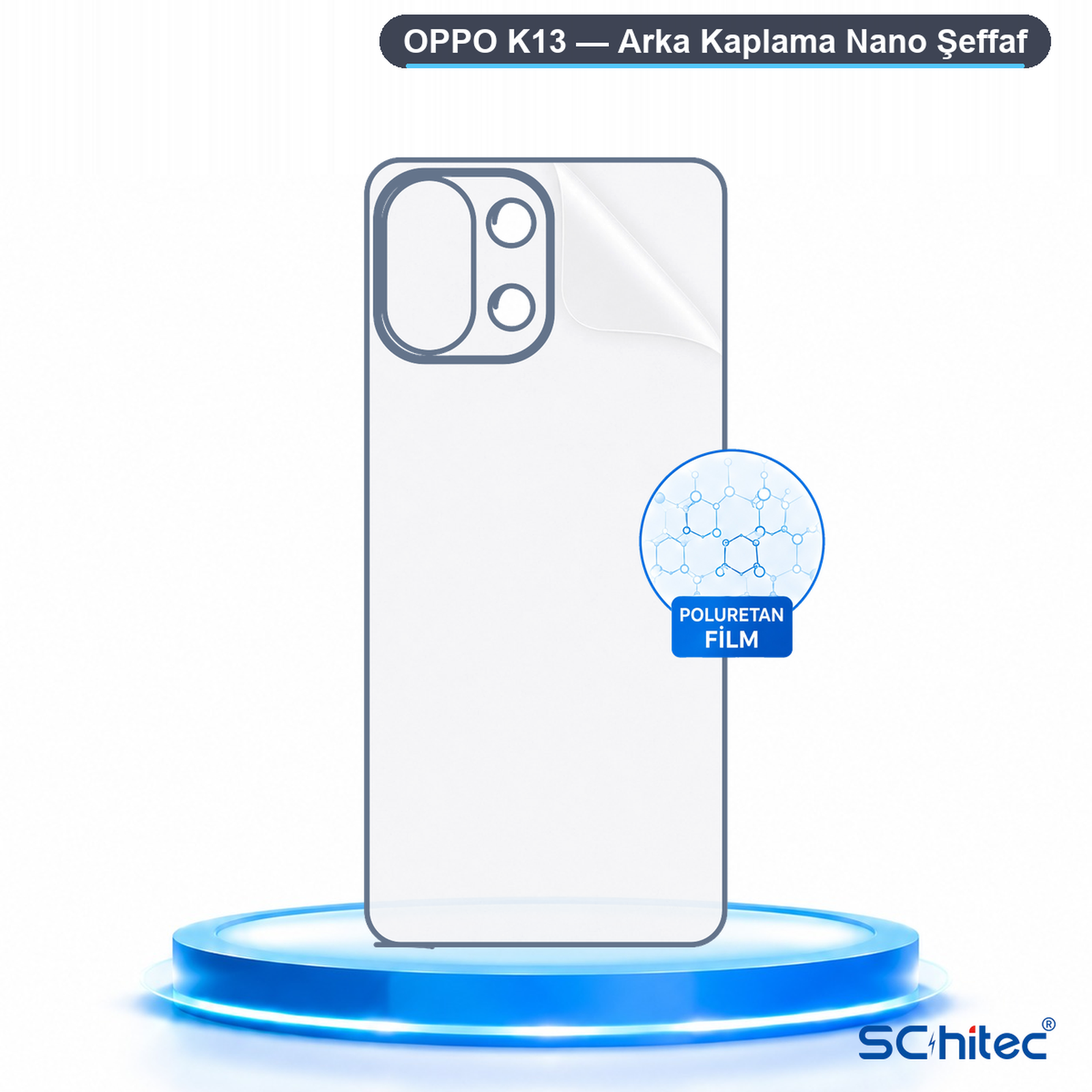 Mavi parlayan bir kaide üzerinde Oppo K13 akıllı telefon için şeffaf arka kaplama filmi.