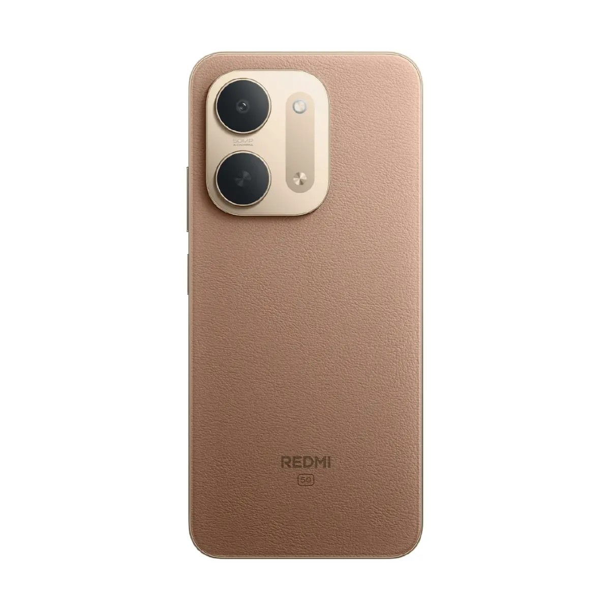 Rückseite eines bronzefarbenen Redmi 5G Smartphones mit Ledertextur, zwei Kameras und dem Redmi-Logo unten.