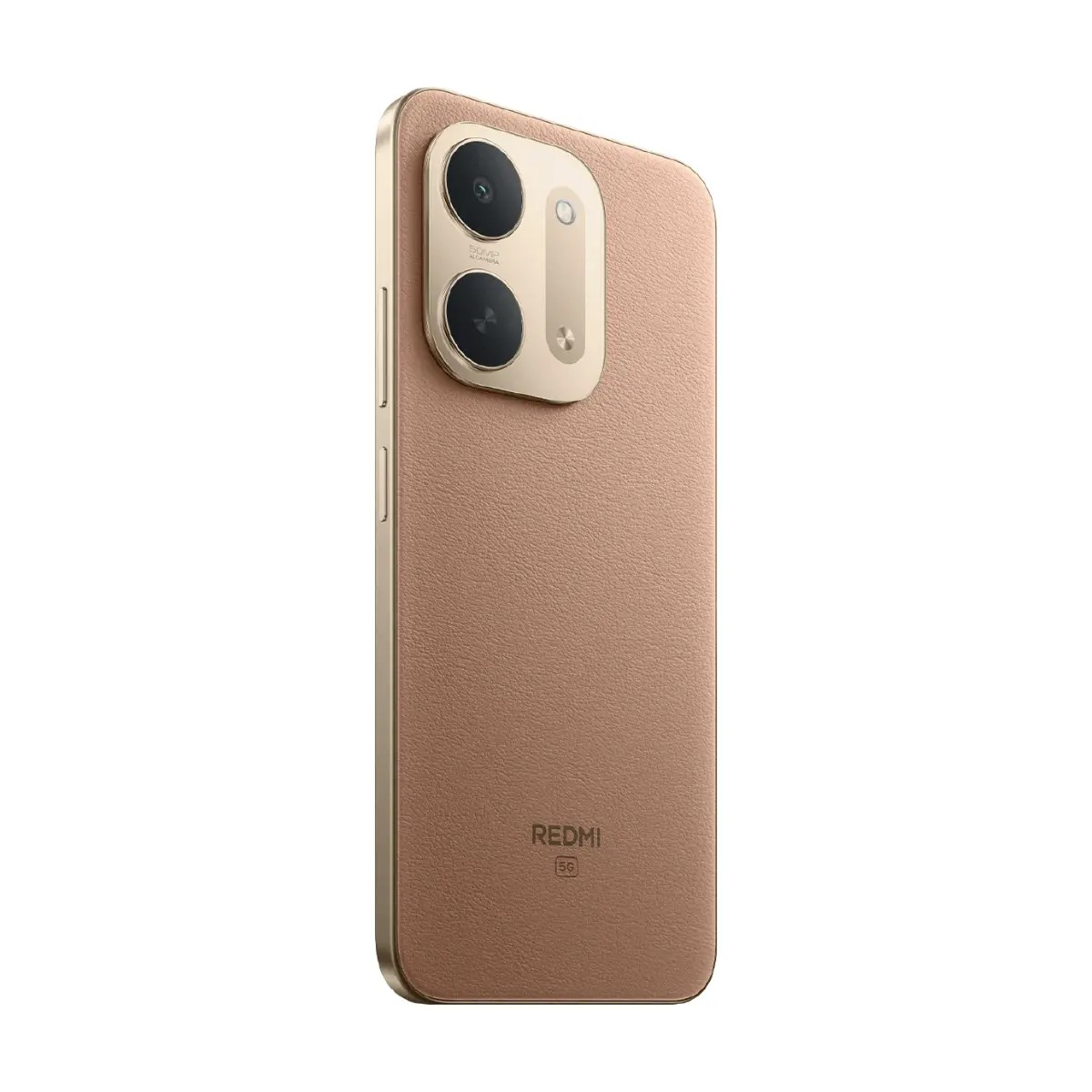 Eine goldbraune Redmi 5G-Smartphone-Rückseite mit strukturierter Oberfläche und vertikalem Dual-Kameramodul.