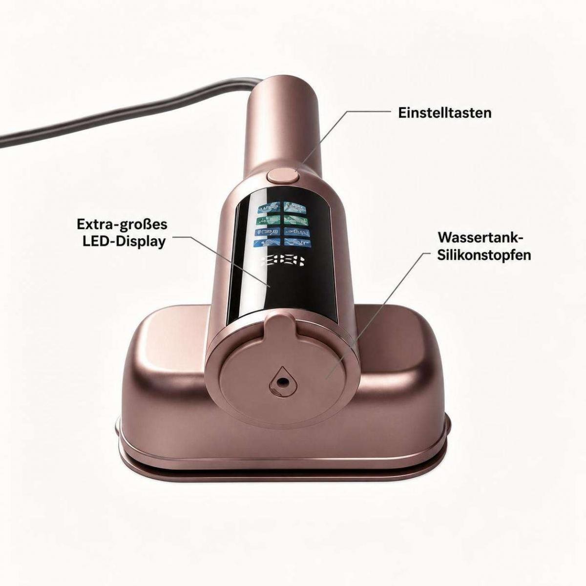 Rosa Haushaltsgerät mit LED-Display, Einstelltasten und Wassertank-Silikonstopfen.