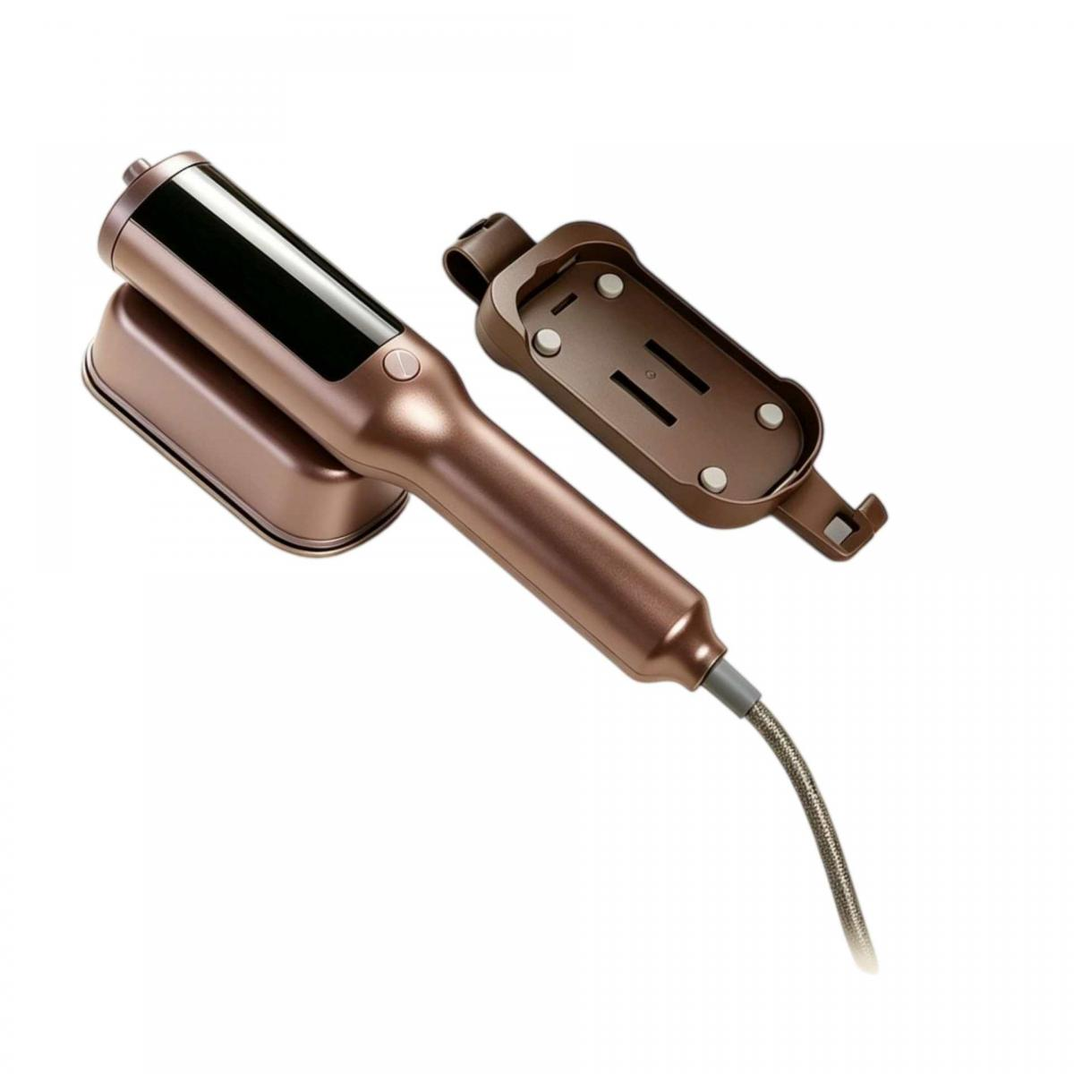 Ein bronzener Lockenstab mit schwarzem Display, Netzkabel und passendem braunen Ständer vor weißem Hintergrund.