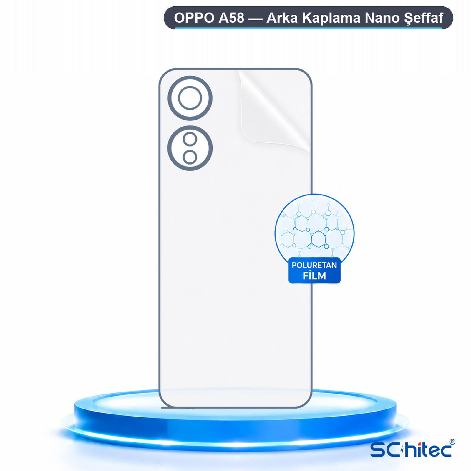 Mavi platform üzerinde OPPO A58 için şeffaf arka koruyucu film.