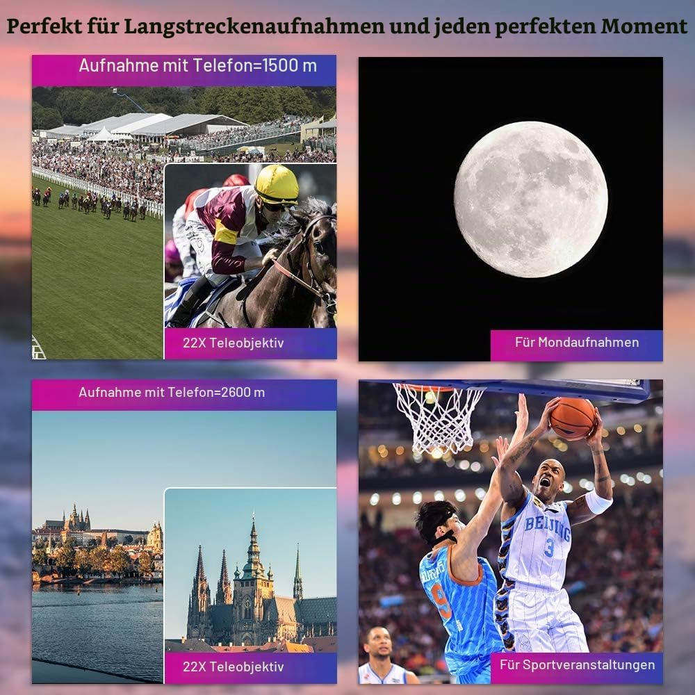 Ein Werbebild zeigt vier verschiedene Fotos, die die Zoom- und Detailgenauigkeit eines Telefons demonstrieren.
