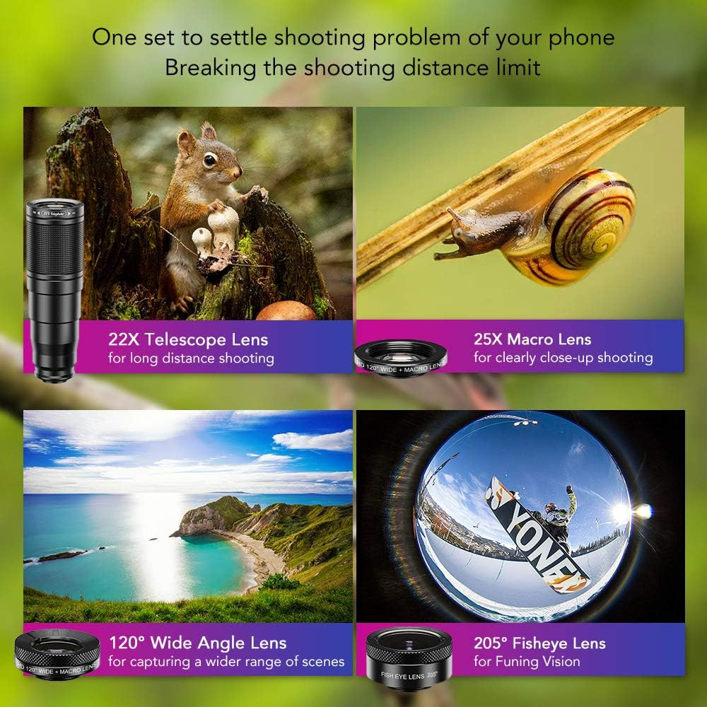 Ein Bild zeigt vier Smartphone-Objektive: Teleskop, Makro, Weitwinkel und Fisheye, mit Beispielaufnahmen.