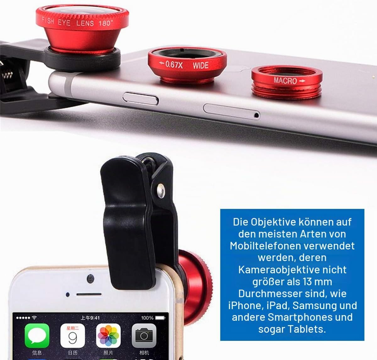 Drei rote smartphone-aufsatzlinsen: fisheye, weitwinkel und makro.