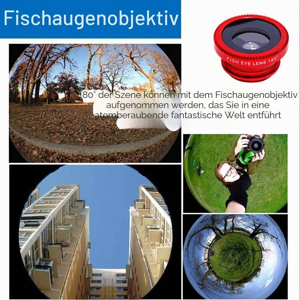 Eine rote Fisheye-Linse und verschiedene Fotos mit starkem Weitwinkel- und Kugeleffekt.