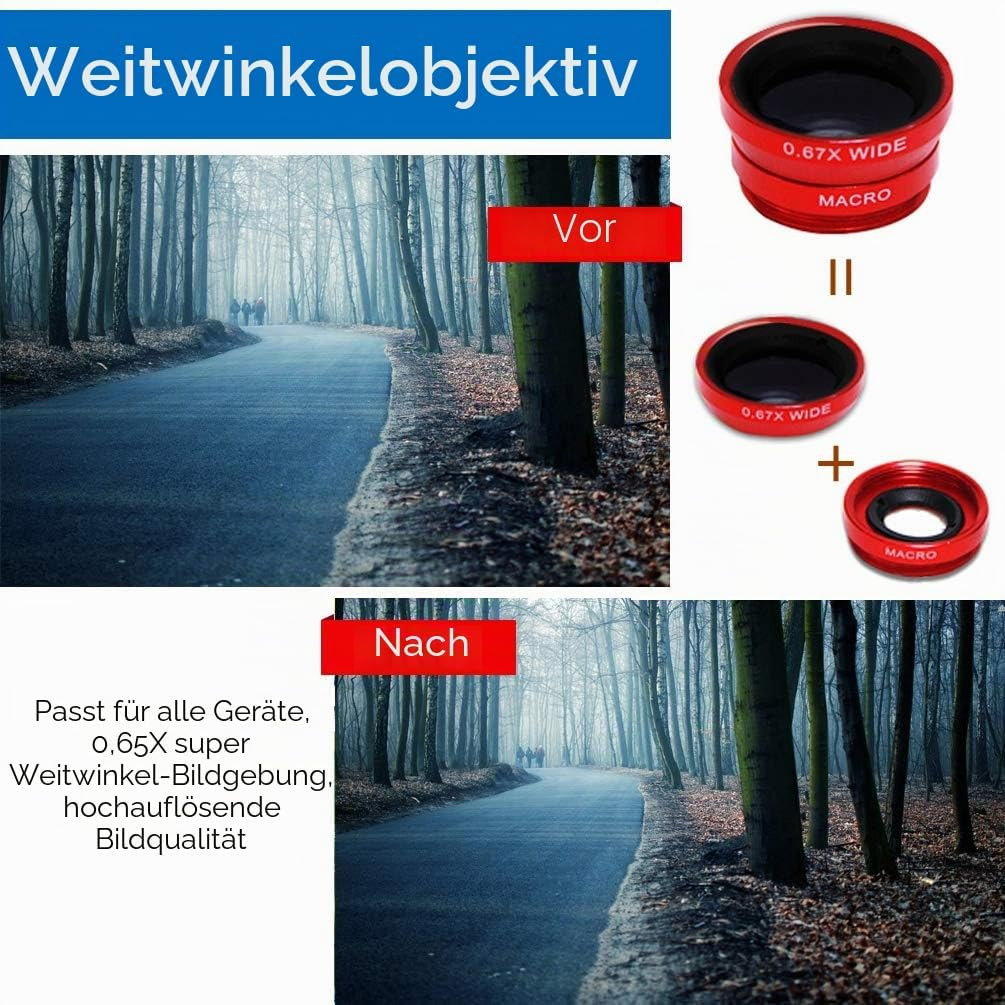 Vergleichsbilder vor und nach der Verwendung eines roten Weitwinkel- und Makroobjektivs an einer Smartphone-Kamera.
