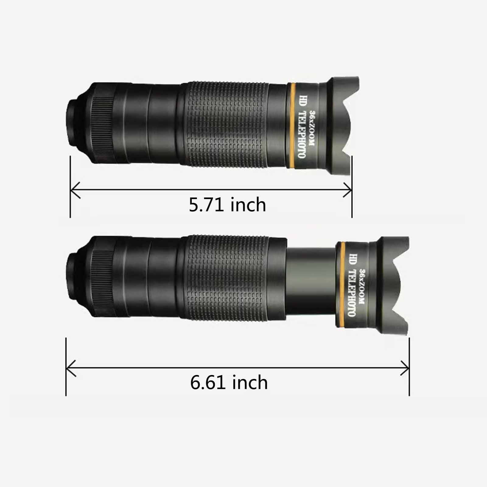Schwarzes 36x Zoom HD Teleobjektiv, eingezogen 5,71 Zoll und ausgefahren 6,61 Zoll, auf weißem Hintergrund.
