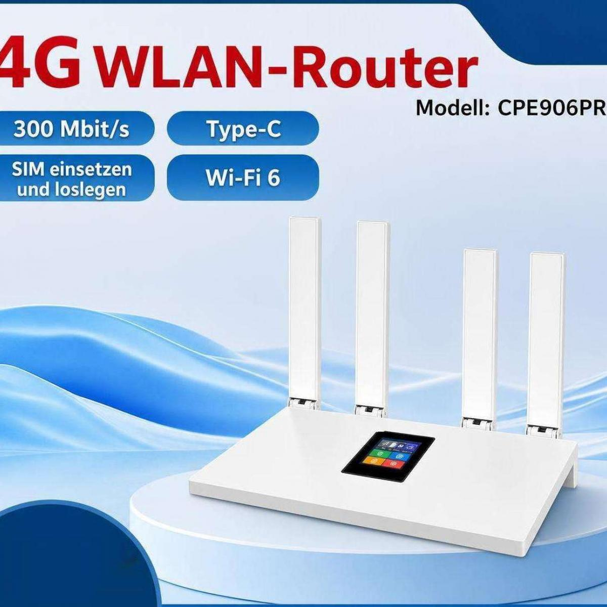 Ein weißer 4G WLAN-Router mit vier Antennen und einem kleinen Display auf einem blauen Podest.