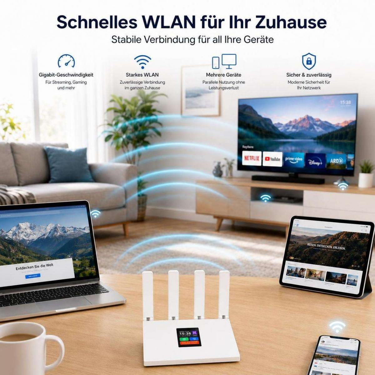 Ein weißer WLAN-Router auf einem Schreibtisch verbindet Laptop, Tablet, Smartphone und TV mit blauen Wellen.